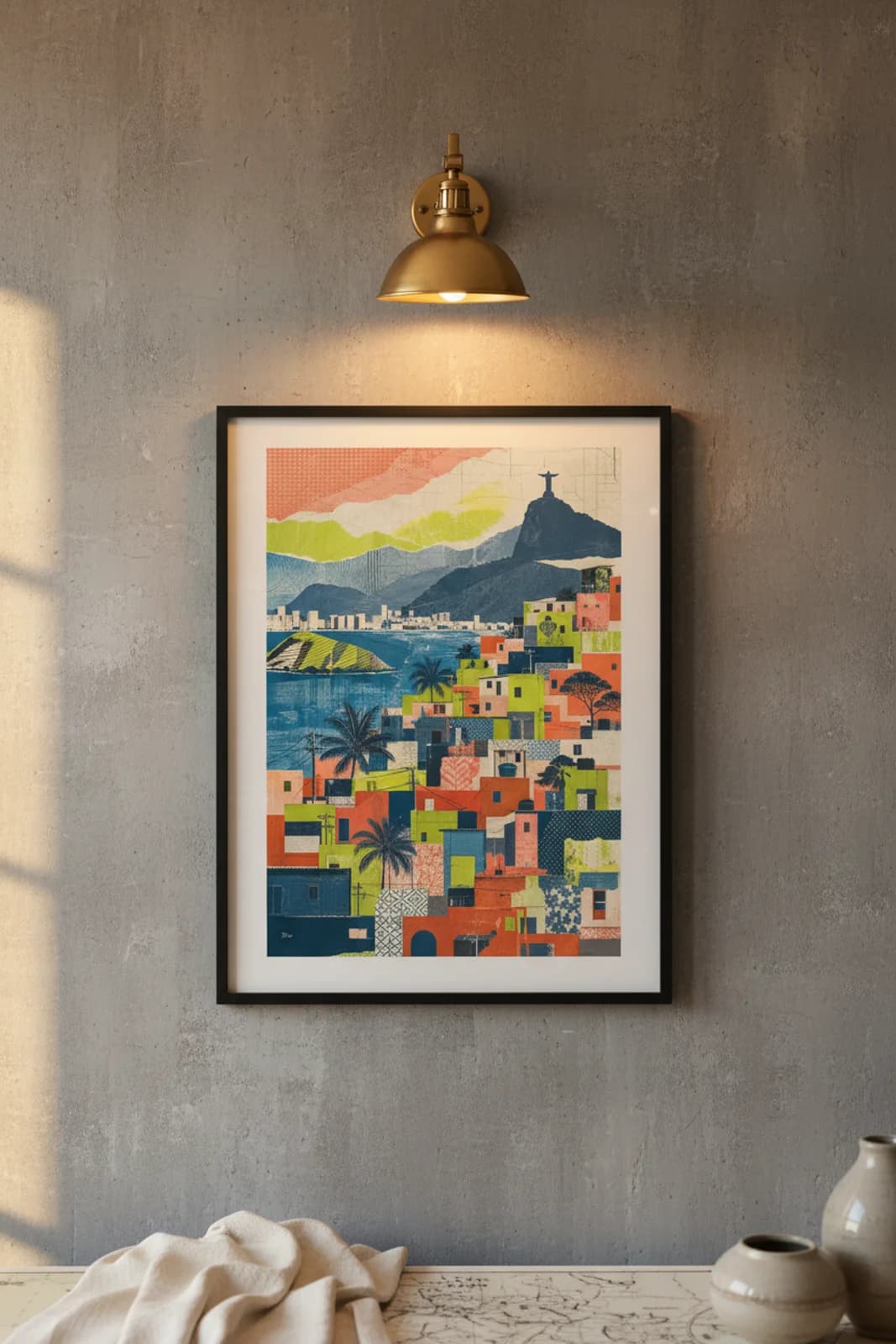Rio de Janeiro Suncities travel print in black A2 frame on burnt-orange concrete wall — Suncities mockup