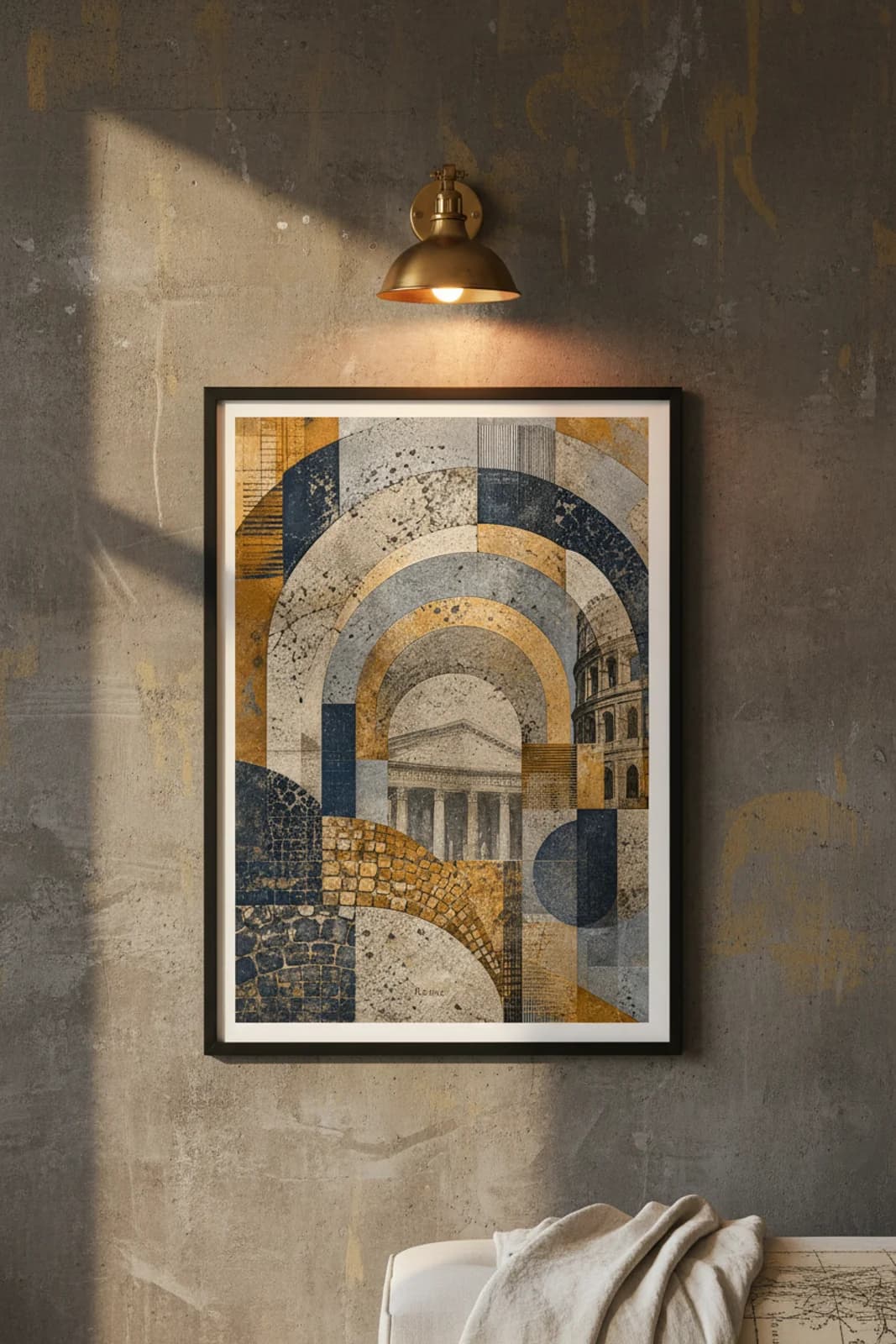 Rome Suncities travel print in black A2 frame on navy-blue concrete wall — Suncities mockup