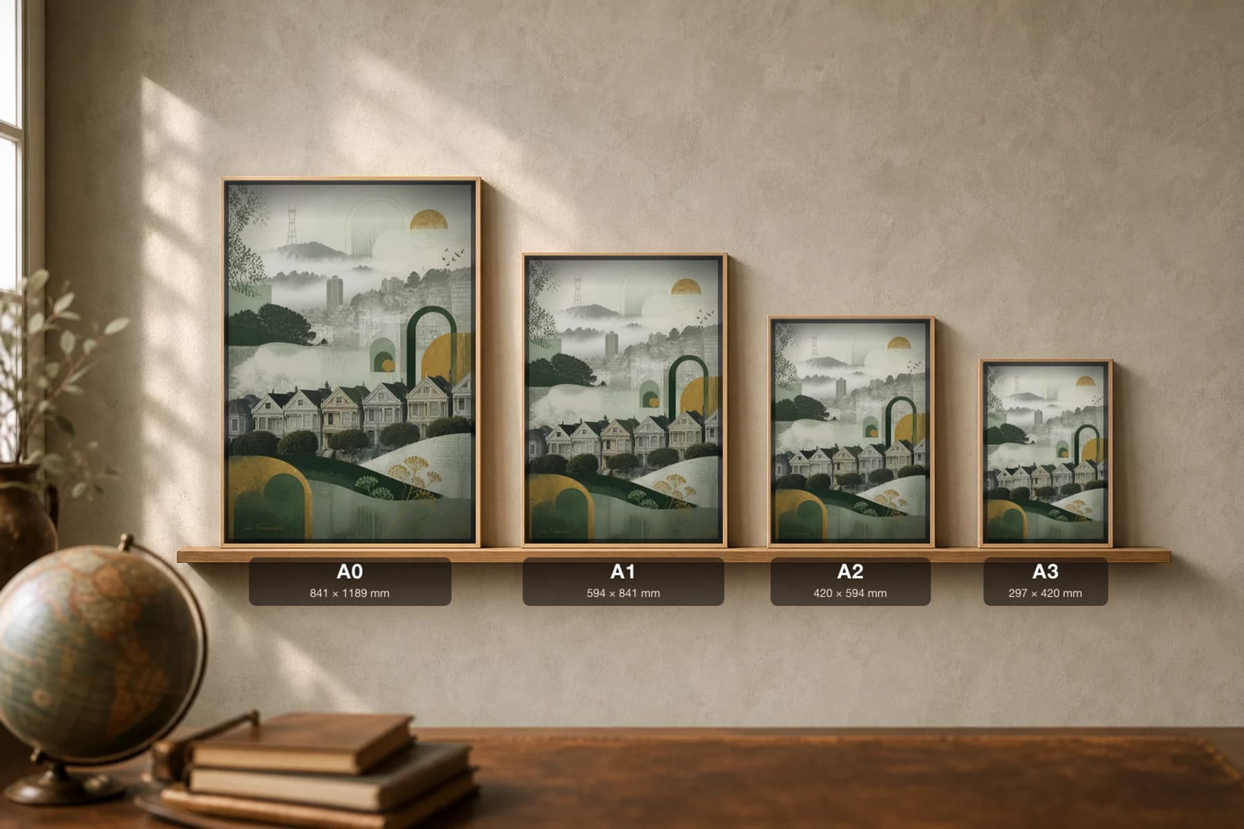 San Francisco Poster — United States travel wall art · city print · framed A2 — print size guide showing the artwork at A0, A1, A2 and A3 in natural-oak frames at true relative scale