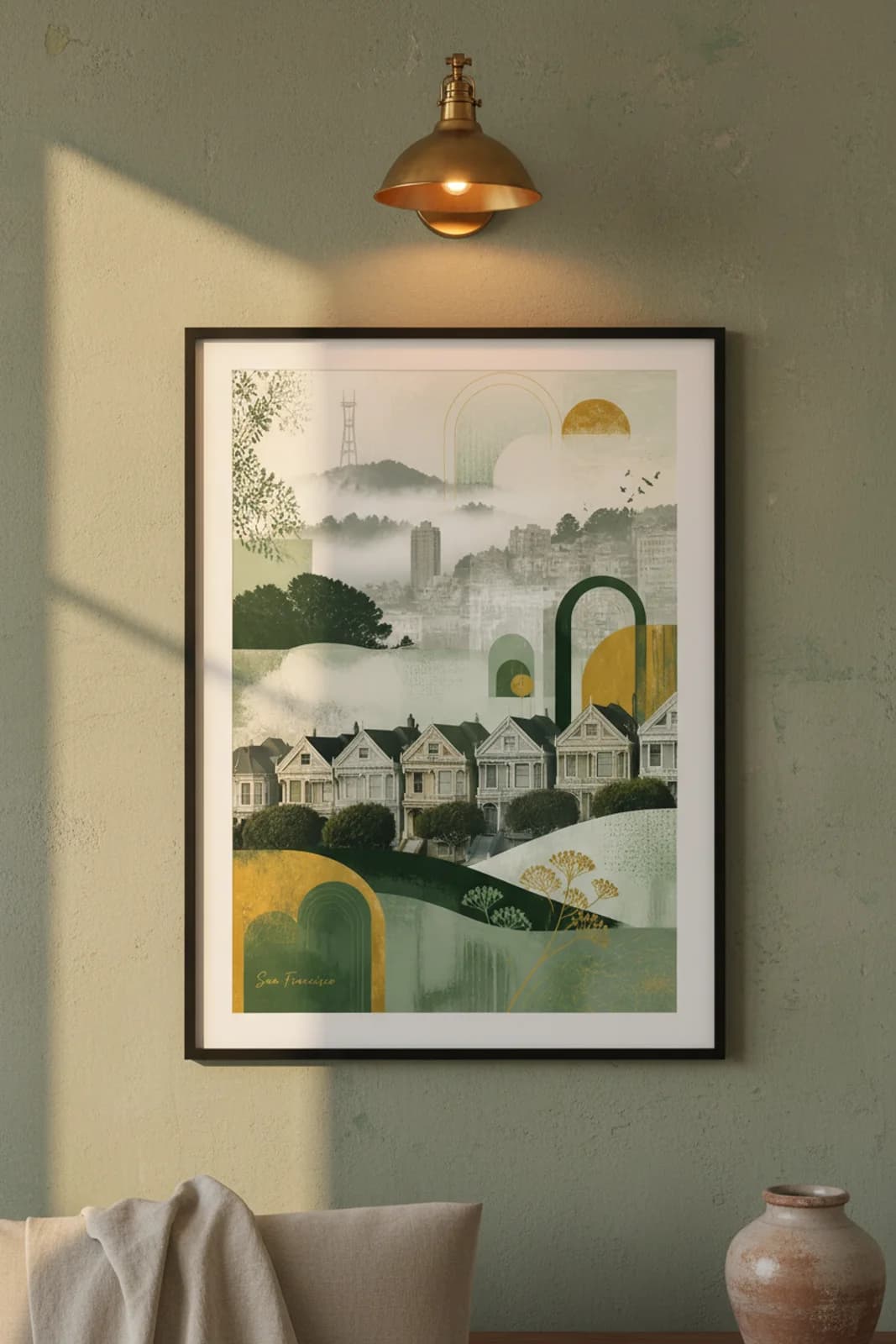San Francisco Suncities travel print in black A2 frame on sage-green concrete wall — Suncities mockup