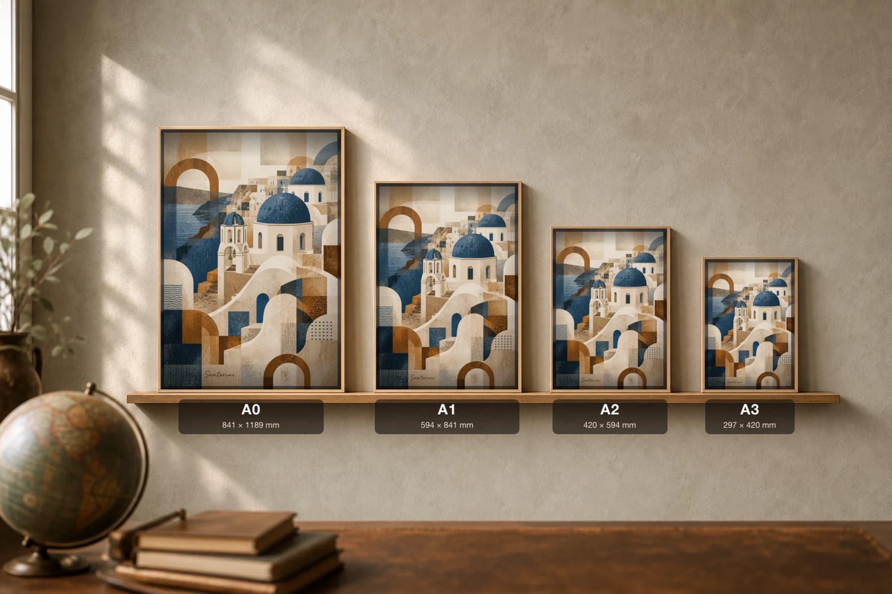 Santorini Poster — Greece travel wall art · city print · framed A2 — print size guide showing the artwork at A0, A1, A2 and A3 in natural-oak frames at true relative scale