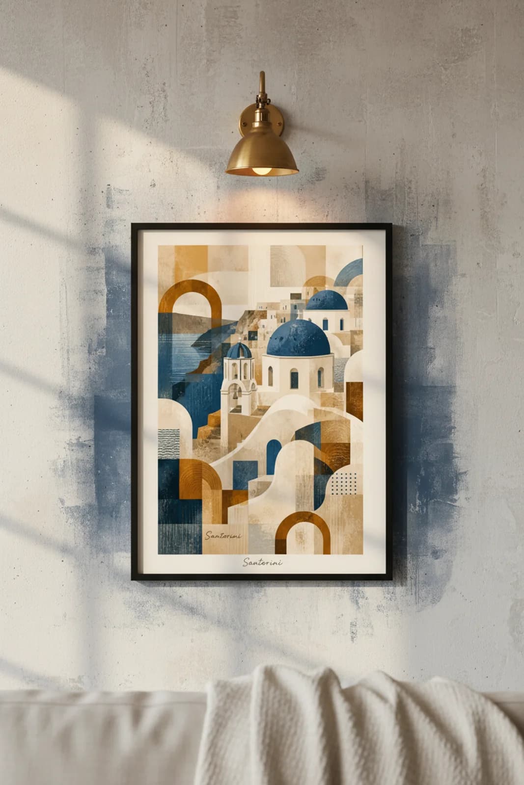 Santorini Suncities travel print in black A2 frame on deep-navy concrete wall — Suncities mockup
