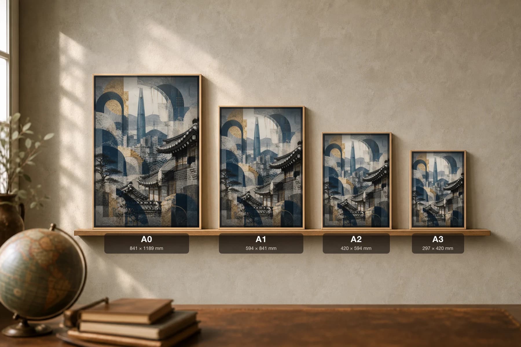 Seoul Poster — South Korea travel wall art · city print · framed A2 — print size guide showing the artwork at A0, A1, A2 and A3 in natural-oak frames at true relative scale