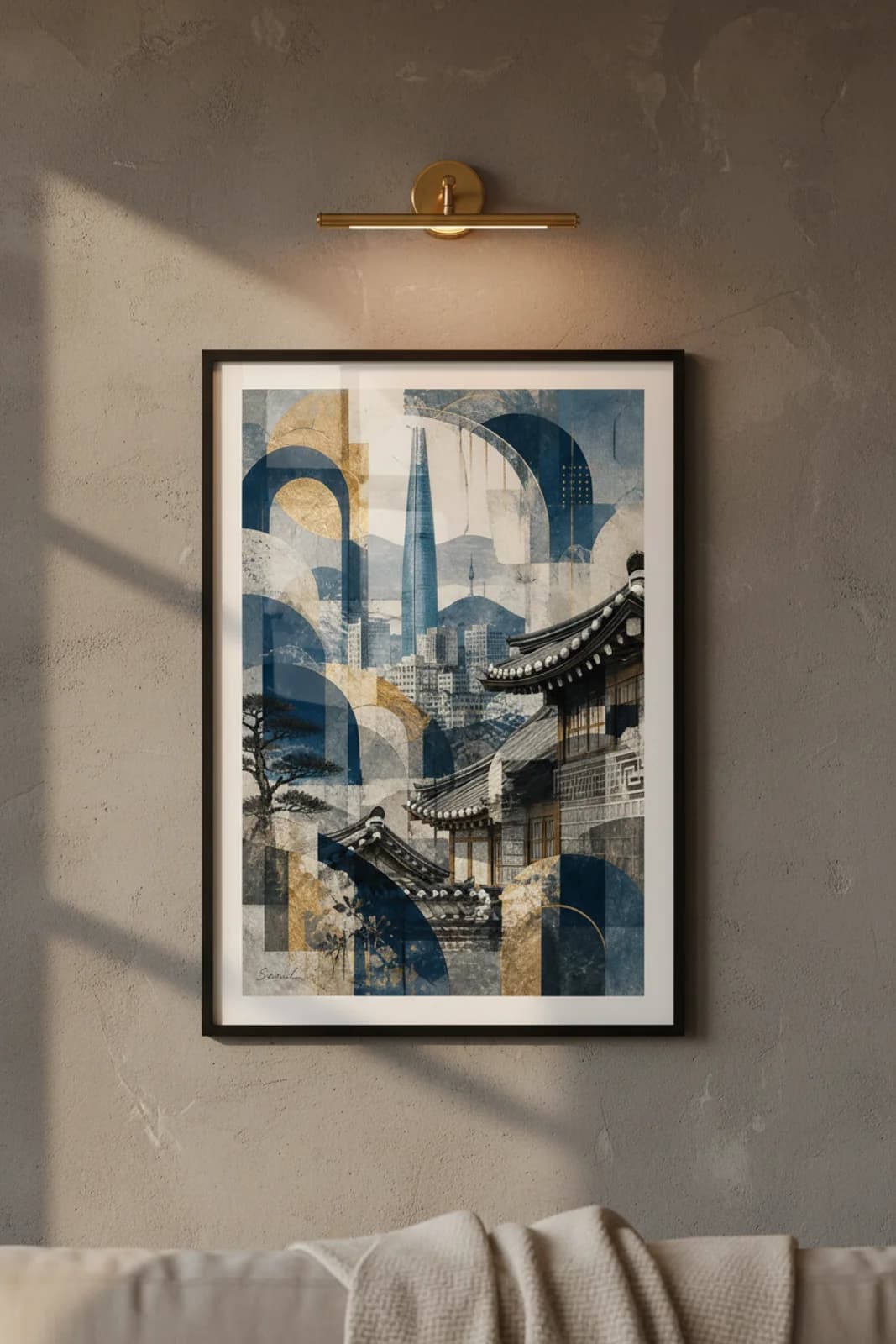 SEOUL Suncities travel print in black A2 frame on navy-blue concrete wall — Suncities mockup