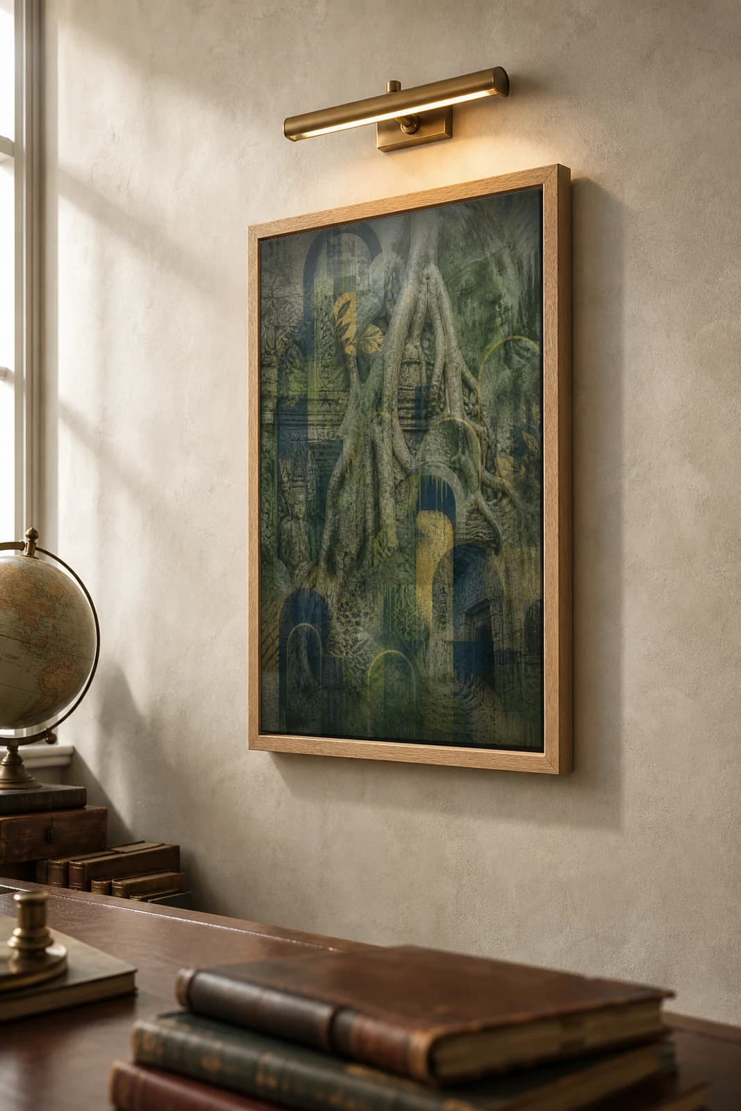 Siem Reap Poster — Cambodia travel wall art · city print · framed A2 — the framed print shown at a three-quarter angle on a styled gallery wall in a natural-oak frame