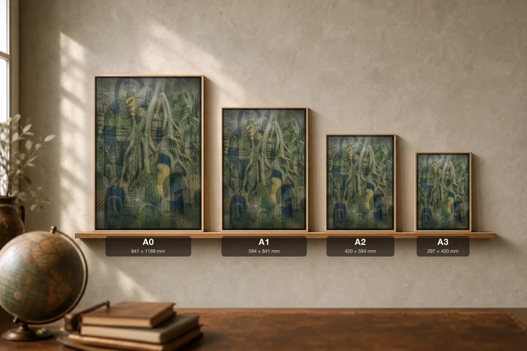 Siem Reap Poster — Cambodia travel wall art · city print · framed A2 — print size guide showing the artwork at A0, A1, A2 and A3 in natural-oak frames at true relative scale