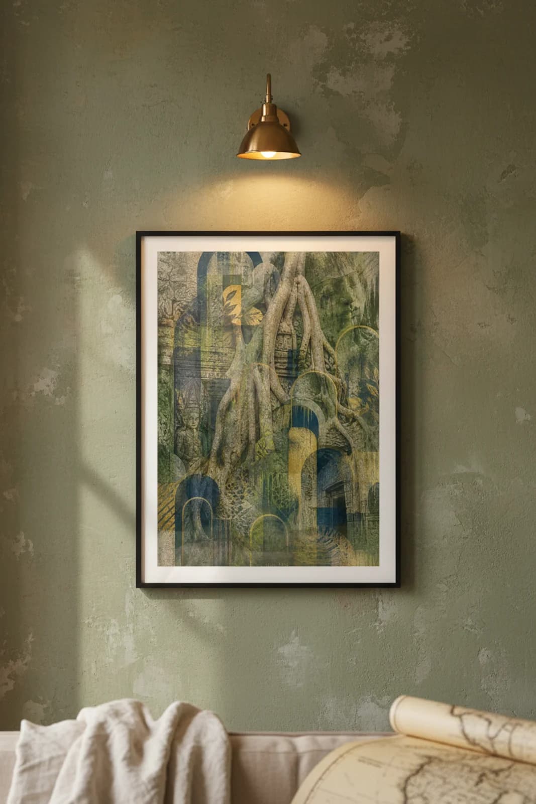 Siem Reap Suncities travel print in black A2 frame on forest-green concrete wall — Suncities mockup