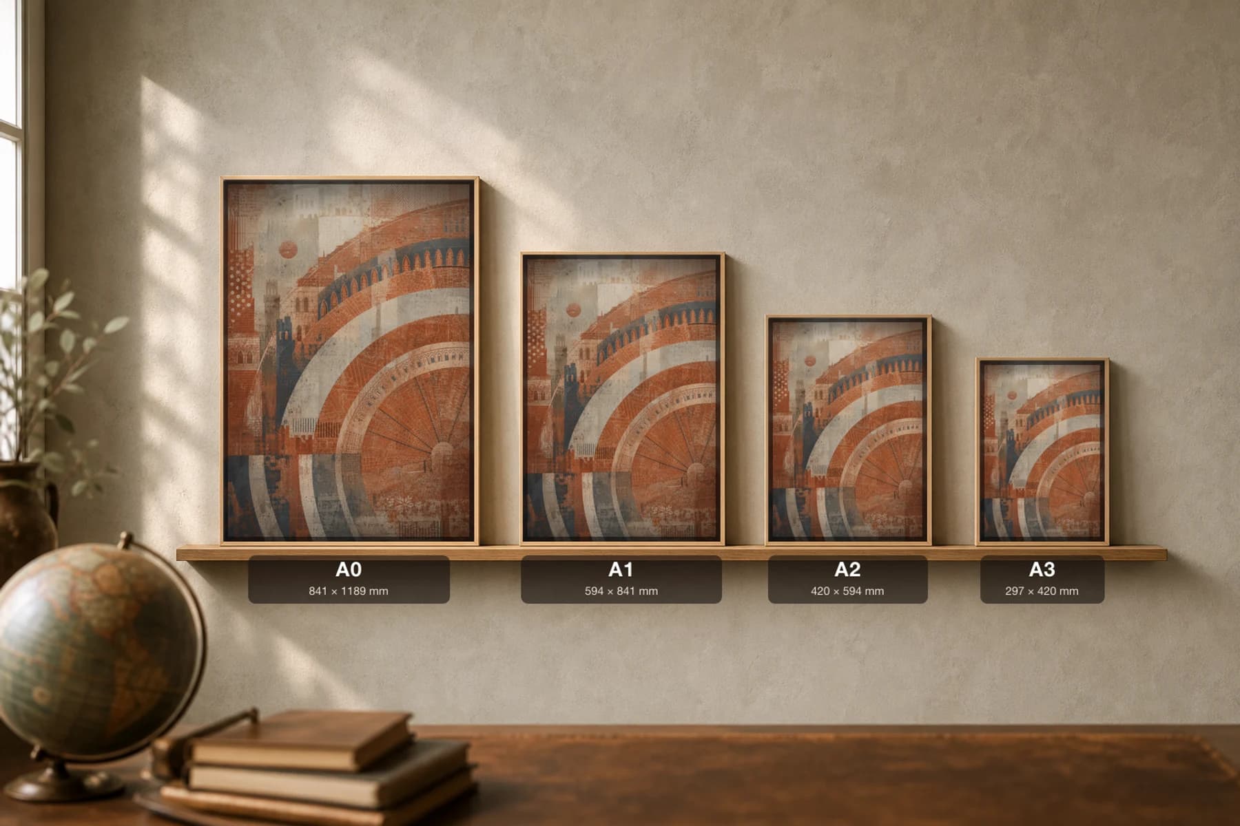 Siena Poster — Italy travel wall art · city print · framed A2 — print size guide showing the artwork at A0, A1, A2 and A3 in natural-oak frames at true relative scale