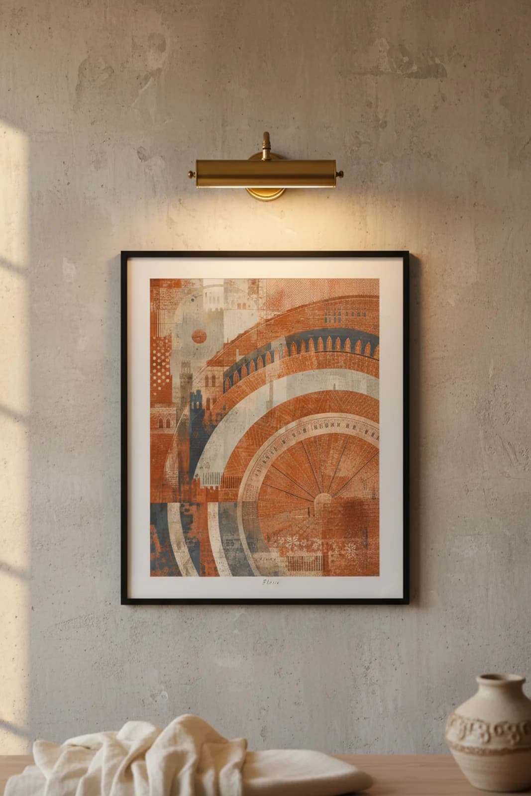 Siena Suncities travel print in black A2 frame on terracotta concrete wall — Suncities mockup