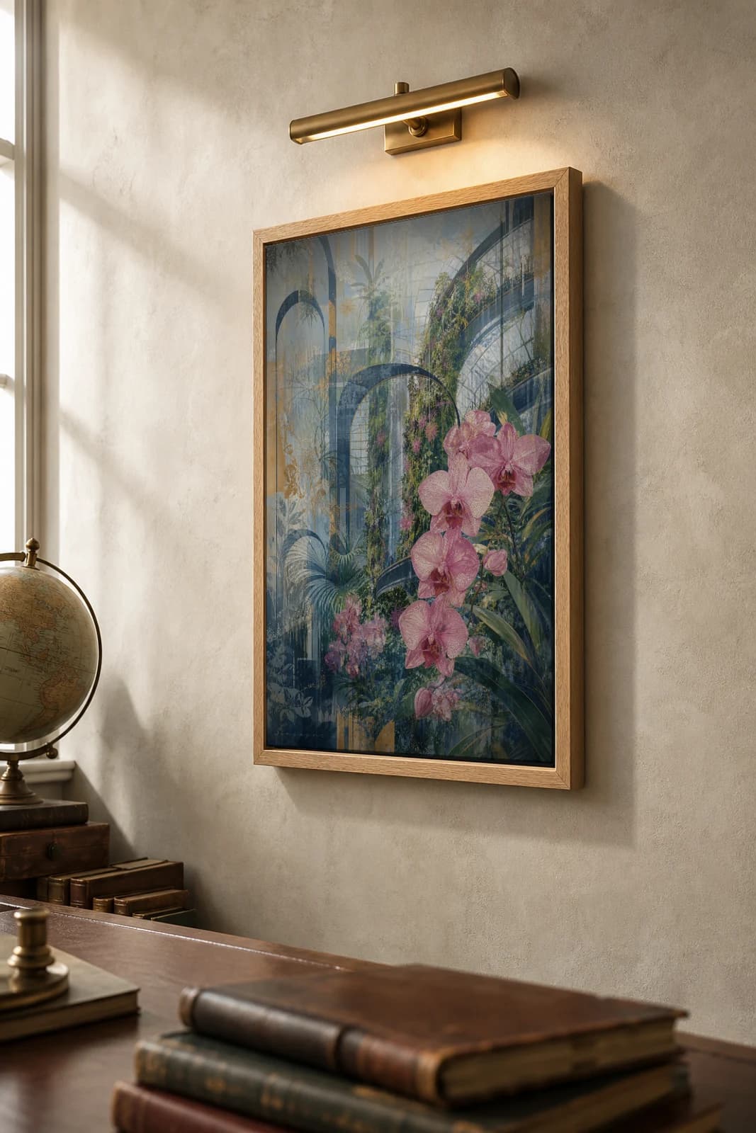 Singapore Poster — Singapore travel wall art · city print · framed A2 — the framed print shown at a three-quarter angle on a styled gallery wall in a natural-oak frame