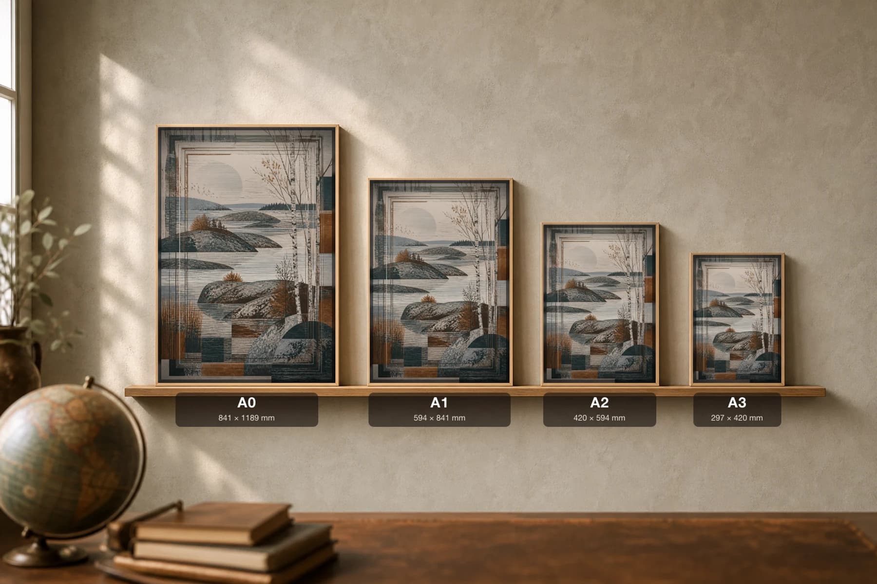 Stockholm Poster — Sweden travel wall art · city print · framed A2 — print size guide showing the artwork at A0, A1, A2 and A3 in natural-oak frames at true relative scale
