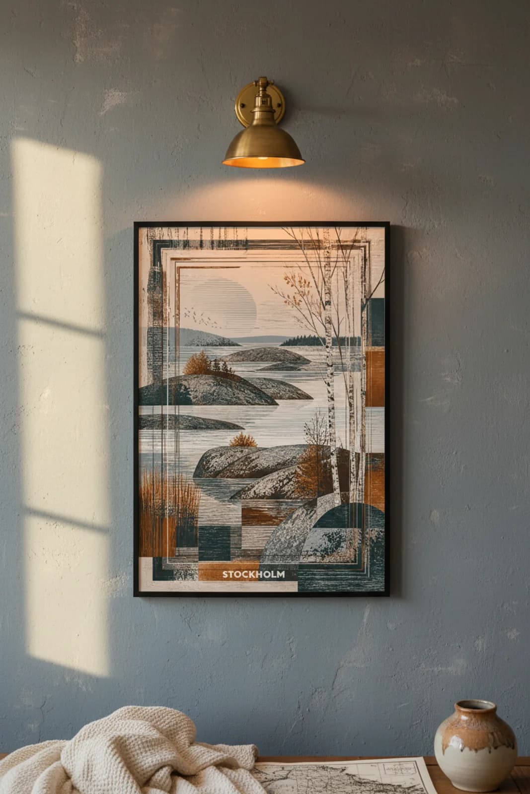 STOCKHOLM Suncities travel print in black A2 frame on slate-blue concrete wall — Suncities mockup