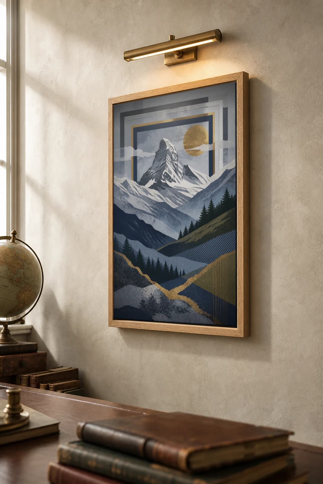 Swiss Alps Poster — Switzerland travel wall art · city print · framed A2 — the framed print shown at a three-quarter angle on a styled gallery wall in a natural-oak frame
