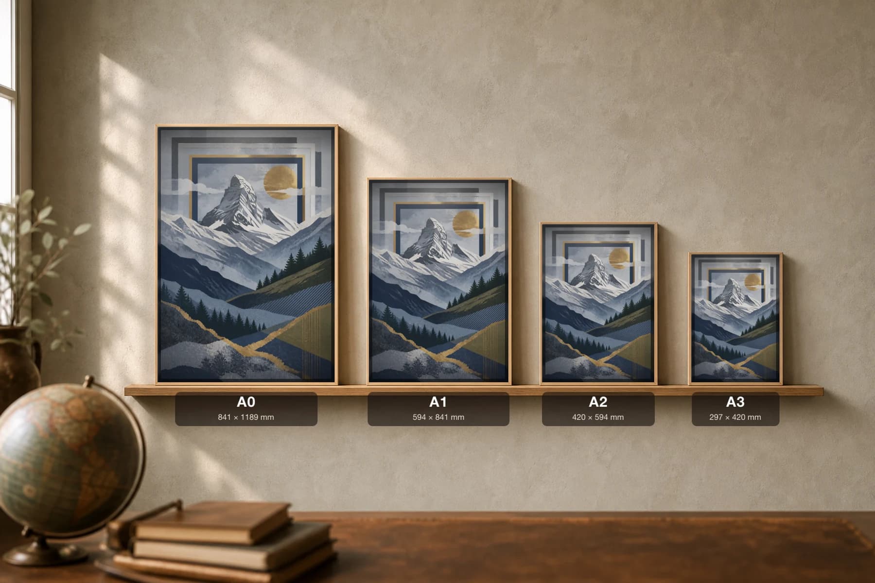 Swiss Alps Poster — Switzerland travel wall art · city print · framed A2 — print size guide showing the artwork at A0, A1, A2 and A3 in natural-oak frames at true relative scale