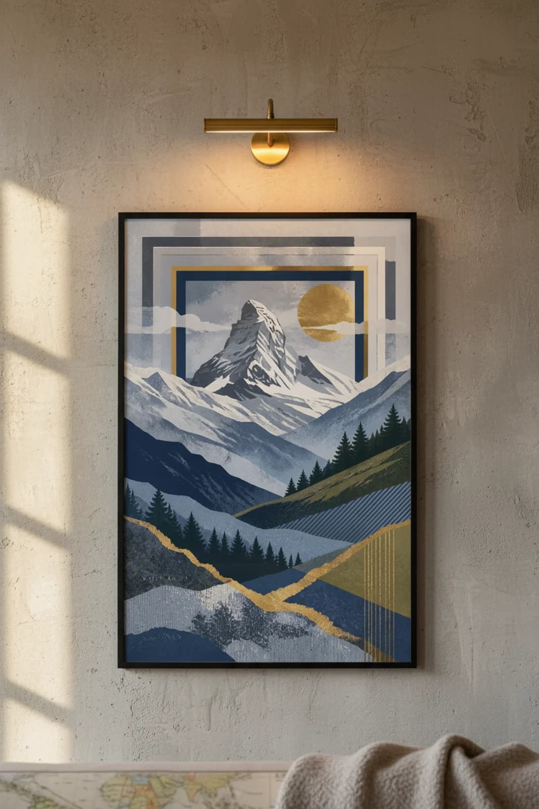 Swiss Alps Suncities travel print in black A2 frame on navy-blue concrete wall — Suncities mockup