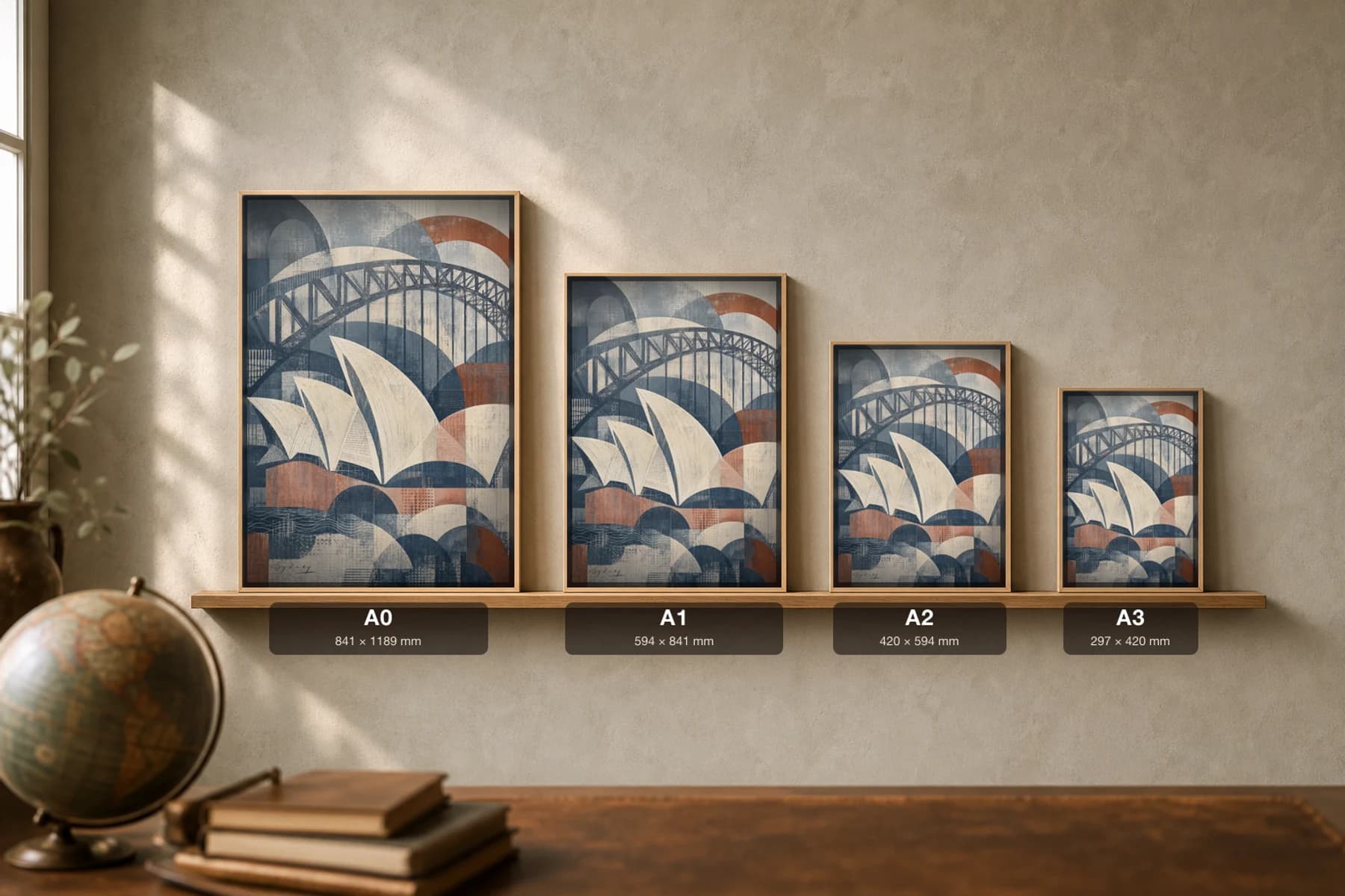 Sydney Poster — Australia travel wall art · city print · framed A2 — print size guide showing the artwork at A0, A1, A2 and A3 in natural-oak frames at true relative scale