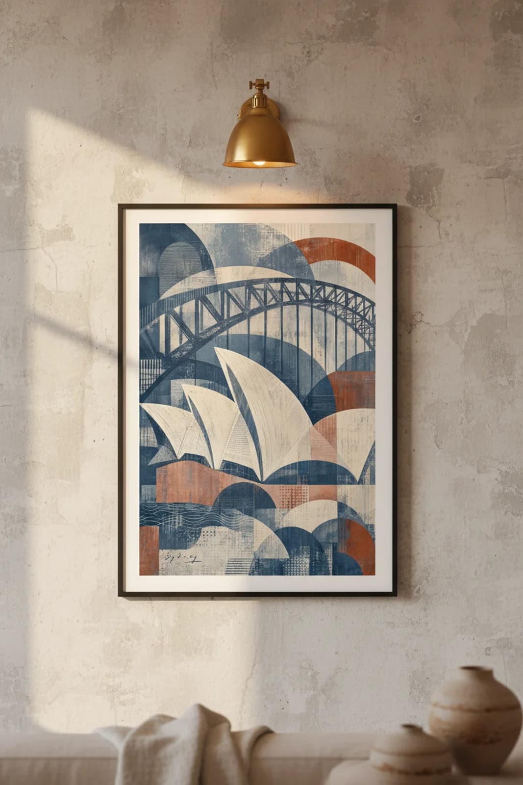 Sydney Suncities travel print in black A2 frame on navy-blue concrete wall — Suncities mockup