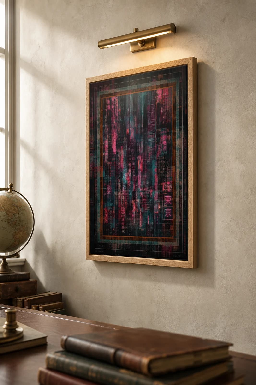 Tokyo Poster — Japan travel wall art · city print · framed A2 — the framed print shown at a three-quarter angle on a styled gallery wall in a natural-oak frame