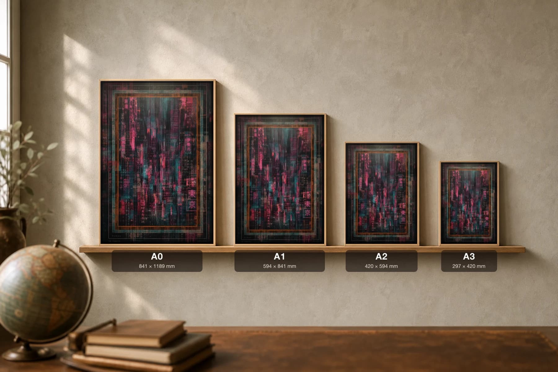 Tokyo Poster — Japan travel wall art · city print · framed A2 — print size guide showing the artwork at A0, A1, A2 and A3 in natural-oak frames at true relative scale