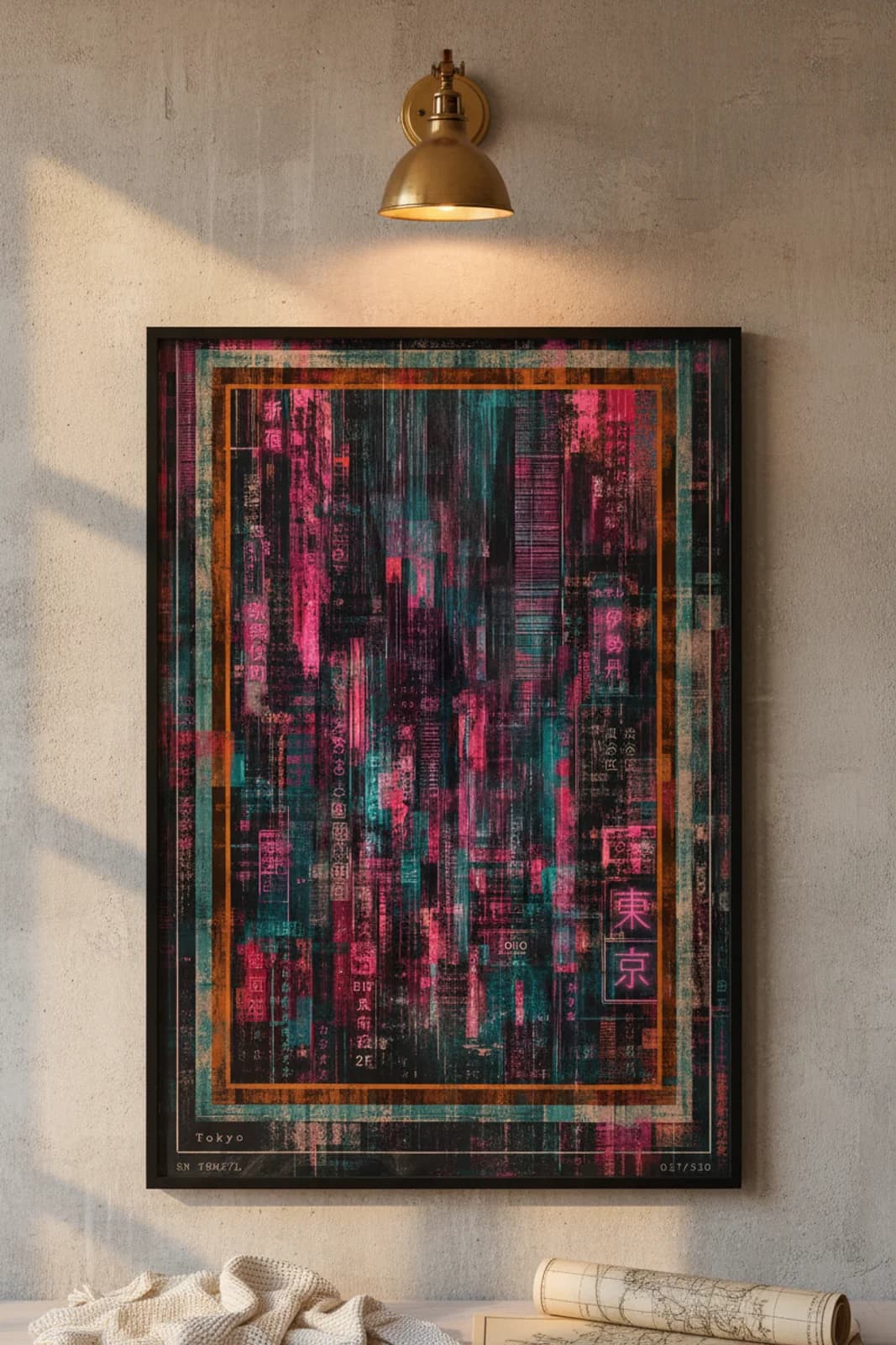Tokyo Suncities travel print in black A2 frame on cyan-teal concrete wall — Suncities mockup