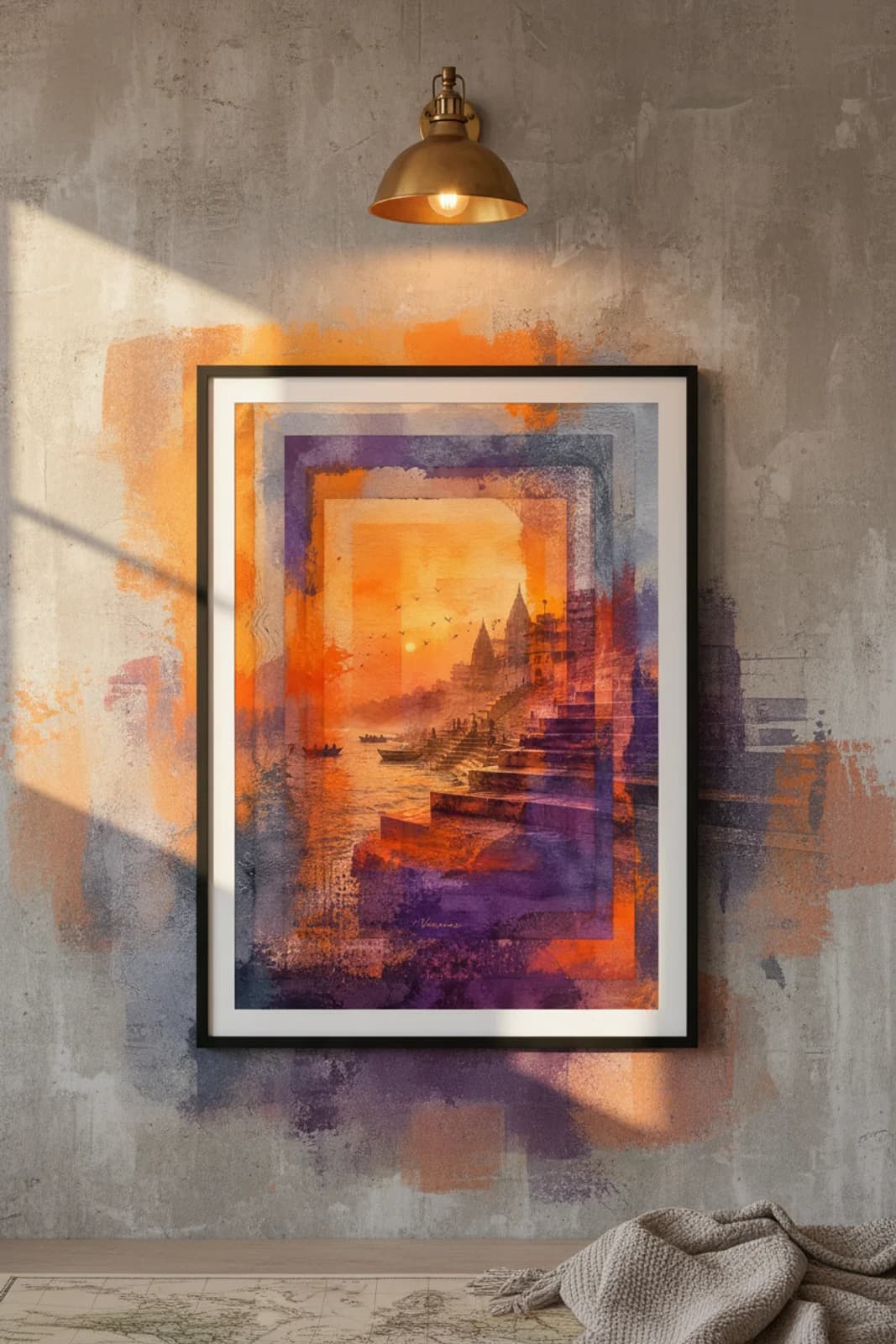 Varanasi Suncities travel print in black A2 frame on vibrant-orange concrete wall — Suncities mockup