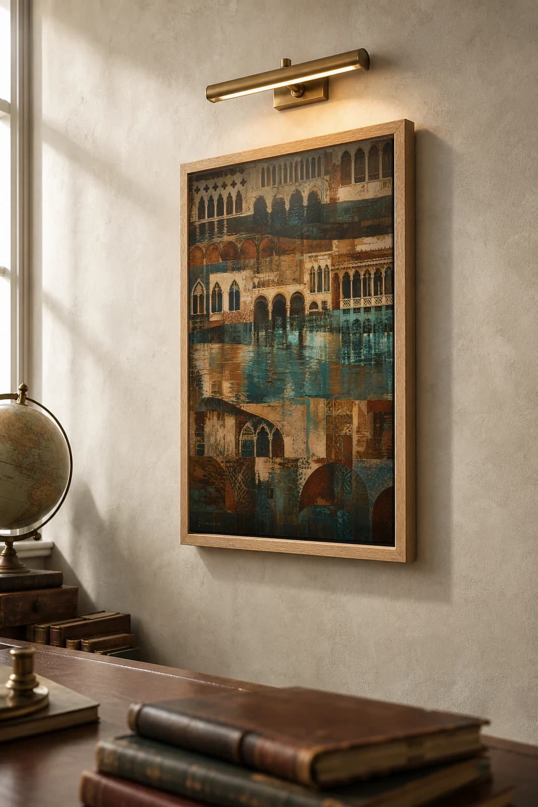 Venice Poster — Italy travel wall art · city print · framed A2 — the framed print shown at a three-quarter angle on a styled gallery wall in a natural-oak frame