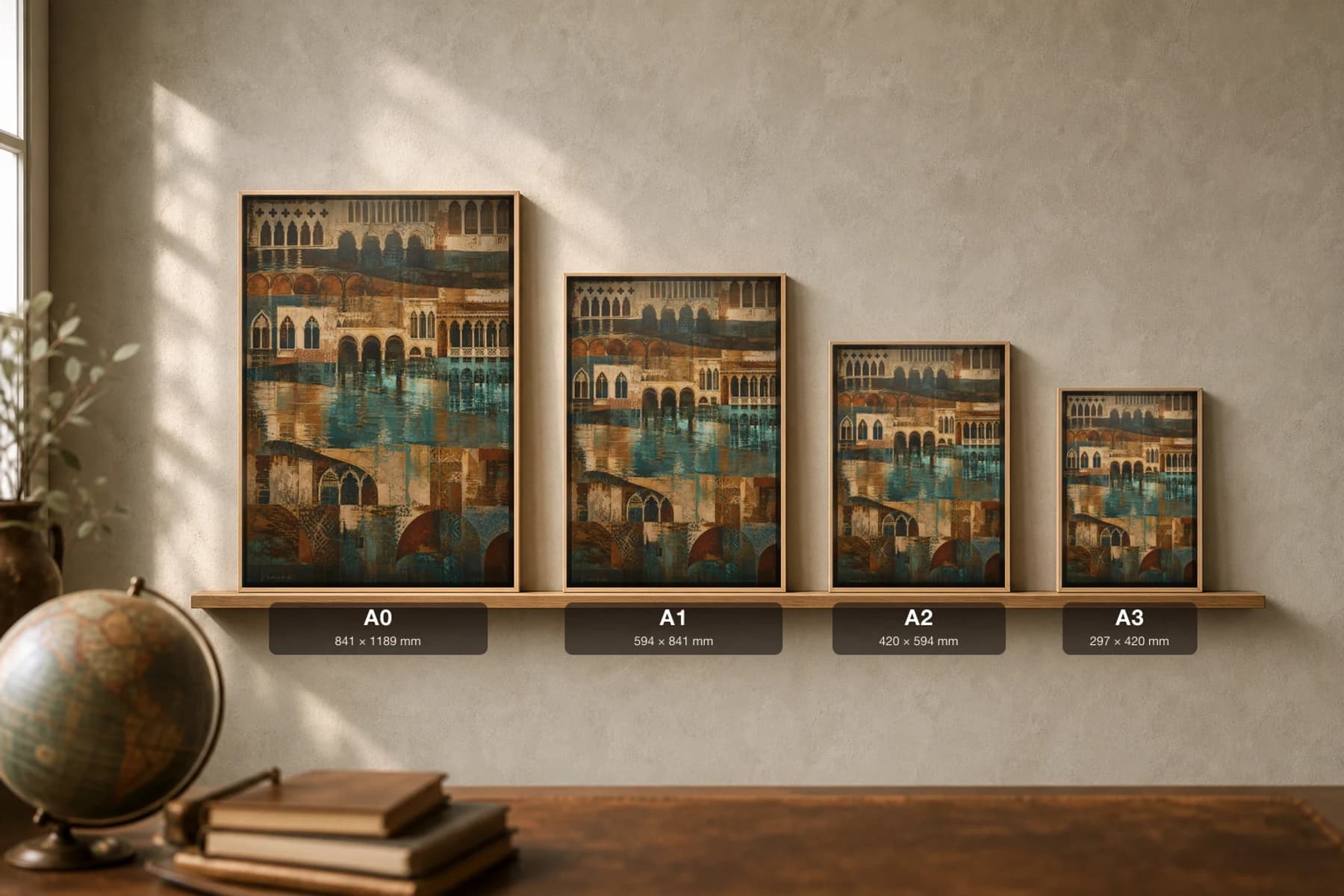 Venice Poster — Italy travel wall art · city print · framed A2 — print size guide showing the artwork at A0, A1, A2 and A3 in natural-oak frames at true relative scale