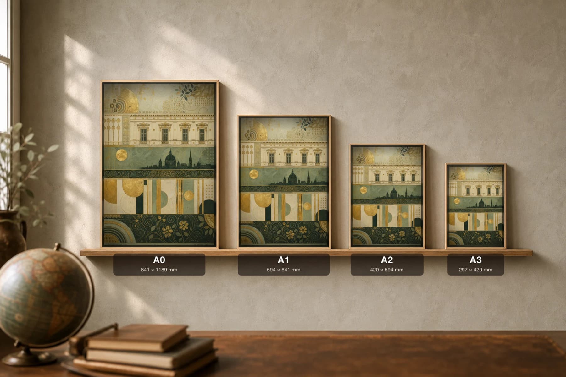 Vienna Poster — Austria travel wall art · city print · framed A2 — print size guide showing the artwork at A0, A1, A2 and A3 in natural-oak frames at true relative scale
