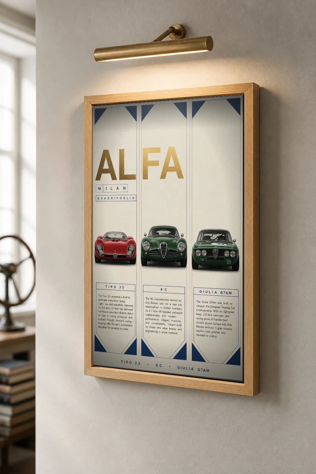 Alfa Romeo Tipo 33 / 8C Competizione / Giulia GTAm Poster — endurance prototype · supercar · touring car WEC racing wall art · #23 · framed A2 — the framed print shown at a three-quarter angle on a styled gallery wall in a natural-oak frame