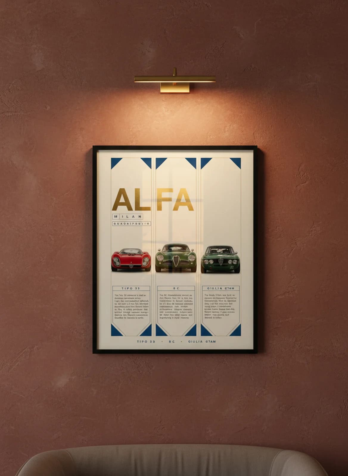 Alfa Romeo Legends three-panel gallery set in black A2 frame on rosso-alfa lime-wash wall — Gallery Sets mockup