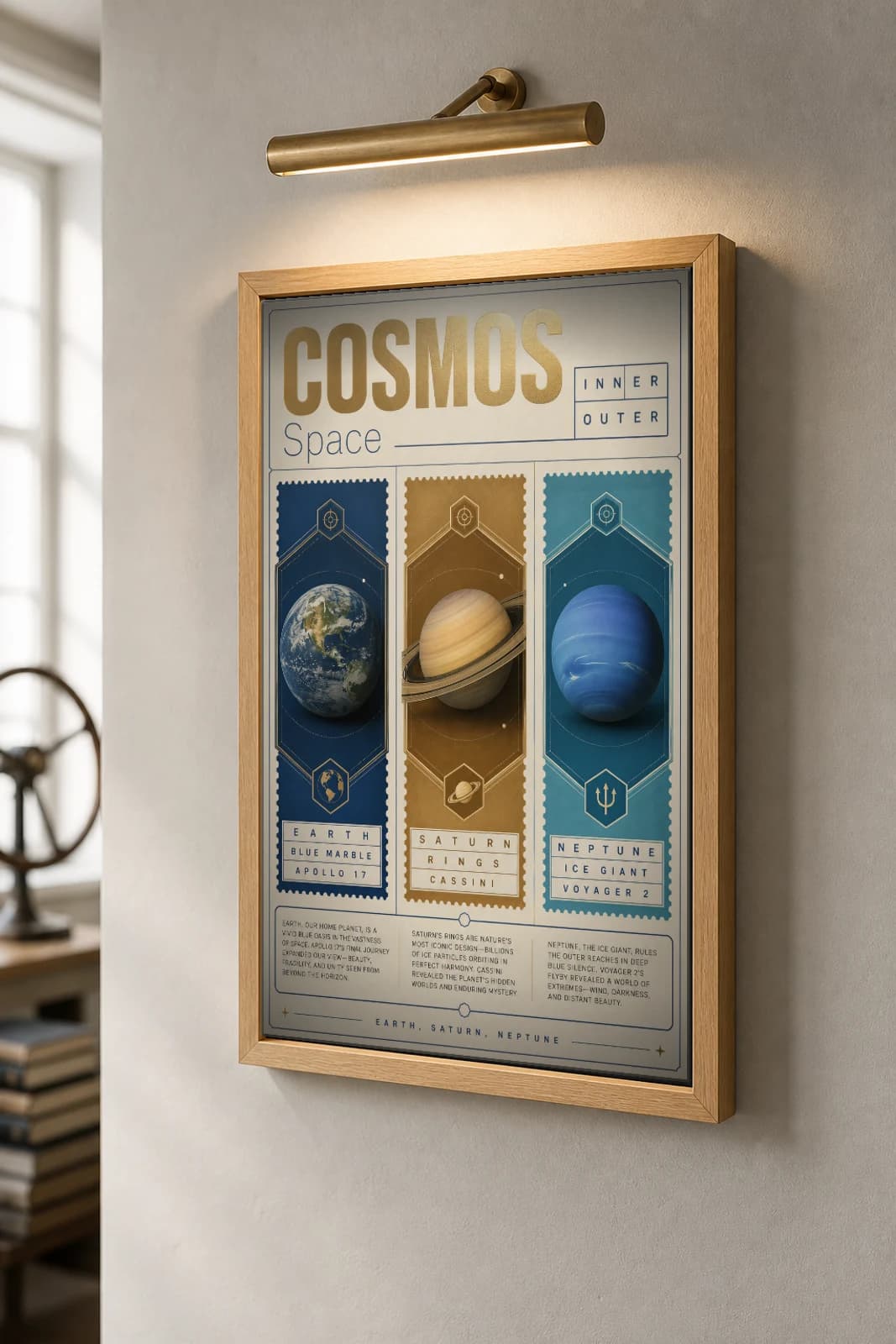 COSMOS — Earth, Saturn, Neptune Poster — planetary sequence astronomy wall art · framed A2 — the framed print shown at a three-quarter angle on a styled gallery wall in a natural-oak frame