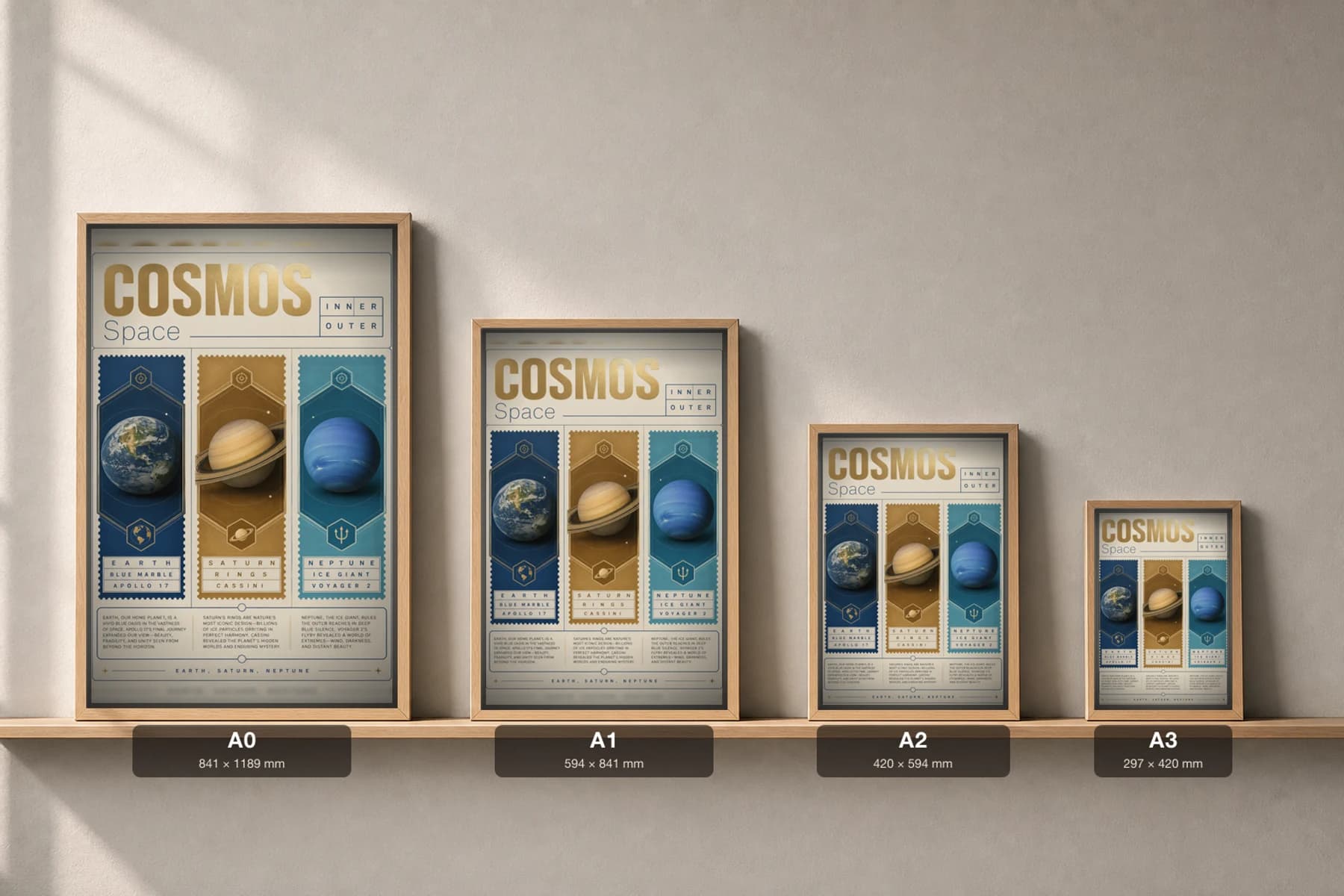 COSMOS — Earth, Saturn, Neptune Poster — planetary sequence astronomy wall art · framed A2 — print size guide showing the artwork at A0, A1, A2 and A3 in natural-oak frames at true relative scale