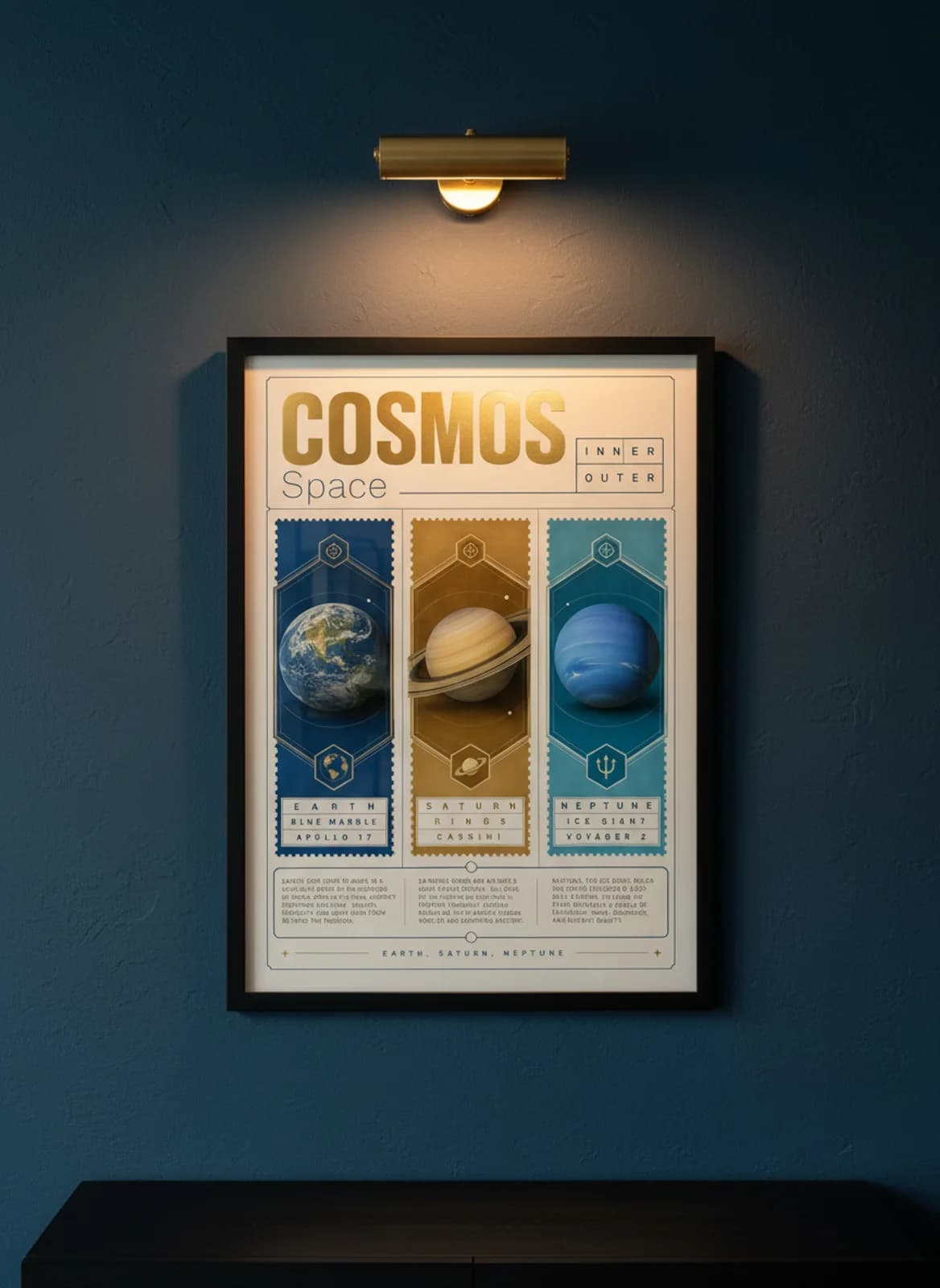 COSMOS three-panel gallery set in black A2 frame on deep-planet-blue lime-wash wall — Gallery Sets mockup