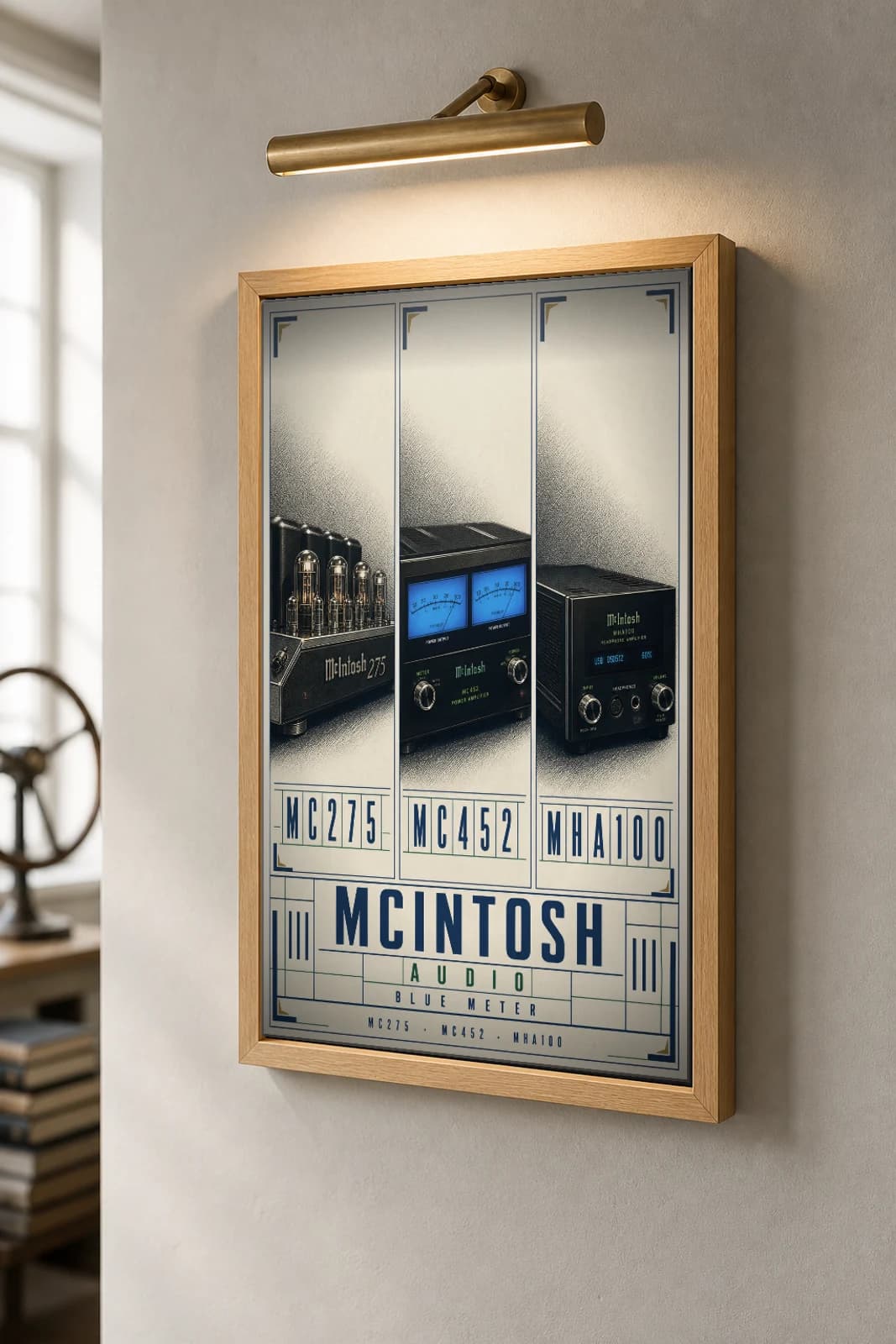McIntosh Audiophile Heritage — MC275, MC452, MHA100 Poster — classic car classic car wall art · framed A2 · garage decor — the framed print shown at a three-quarter angle on a styled gallery wall in a natural-oak frame