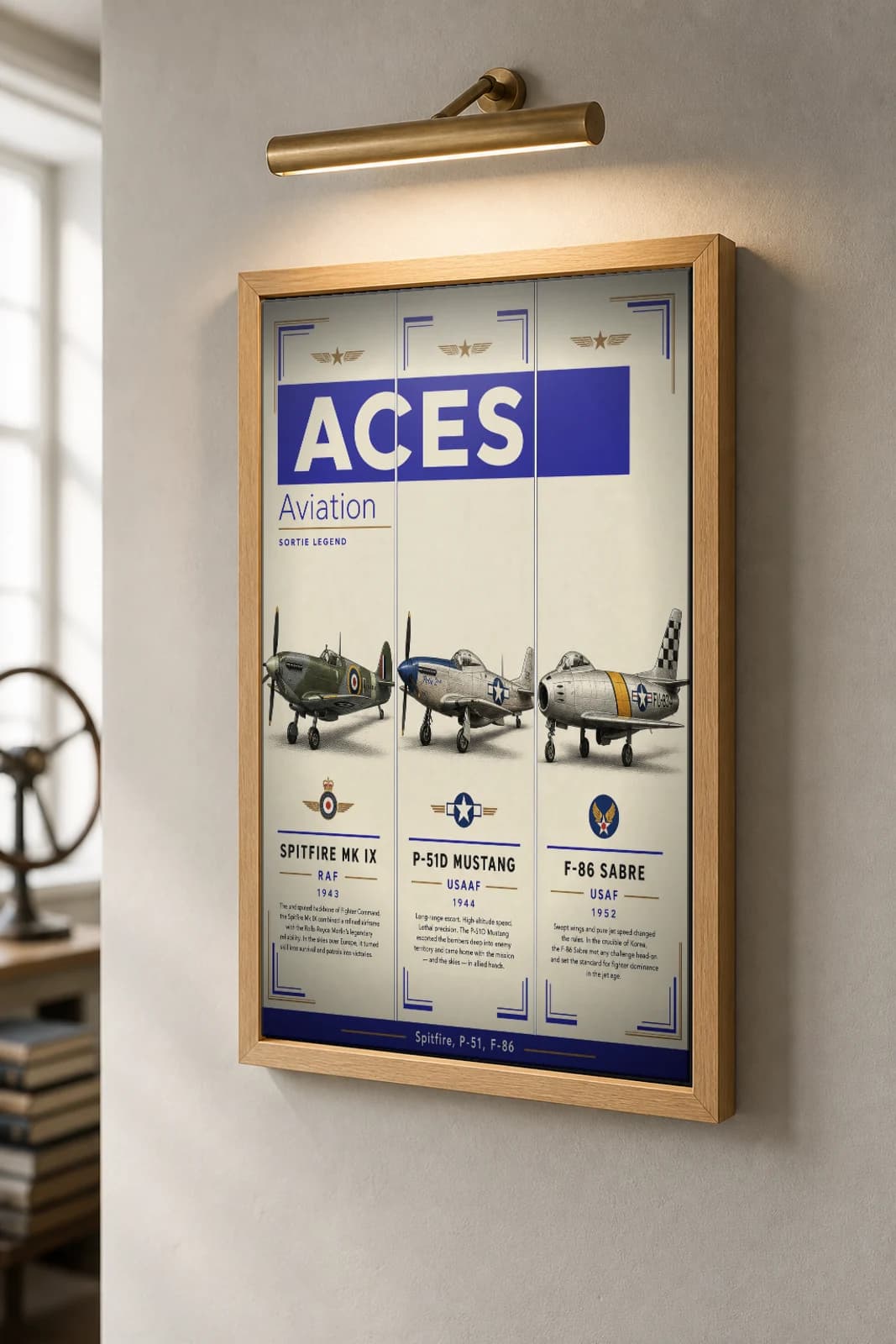 Aviation Aces — Sortie Legend Poster — Royal Air Force · United States Army Air Forces · United States Air Force military aviation wall art · framed A2 · 1943–1952 — the framed print shown at a three-quarter angle on a styled gallery wall in a natural-oak frame