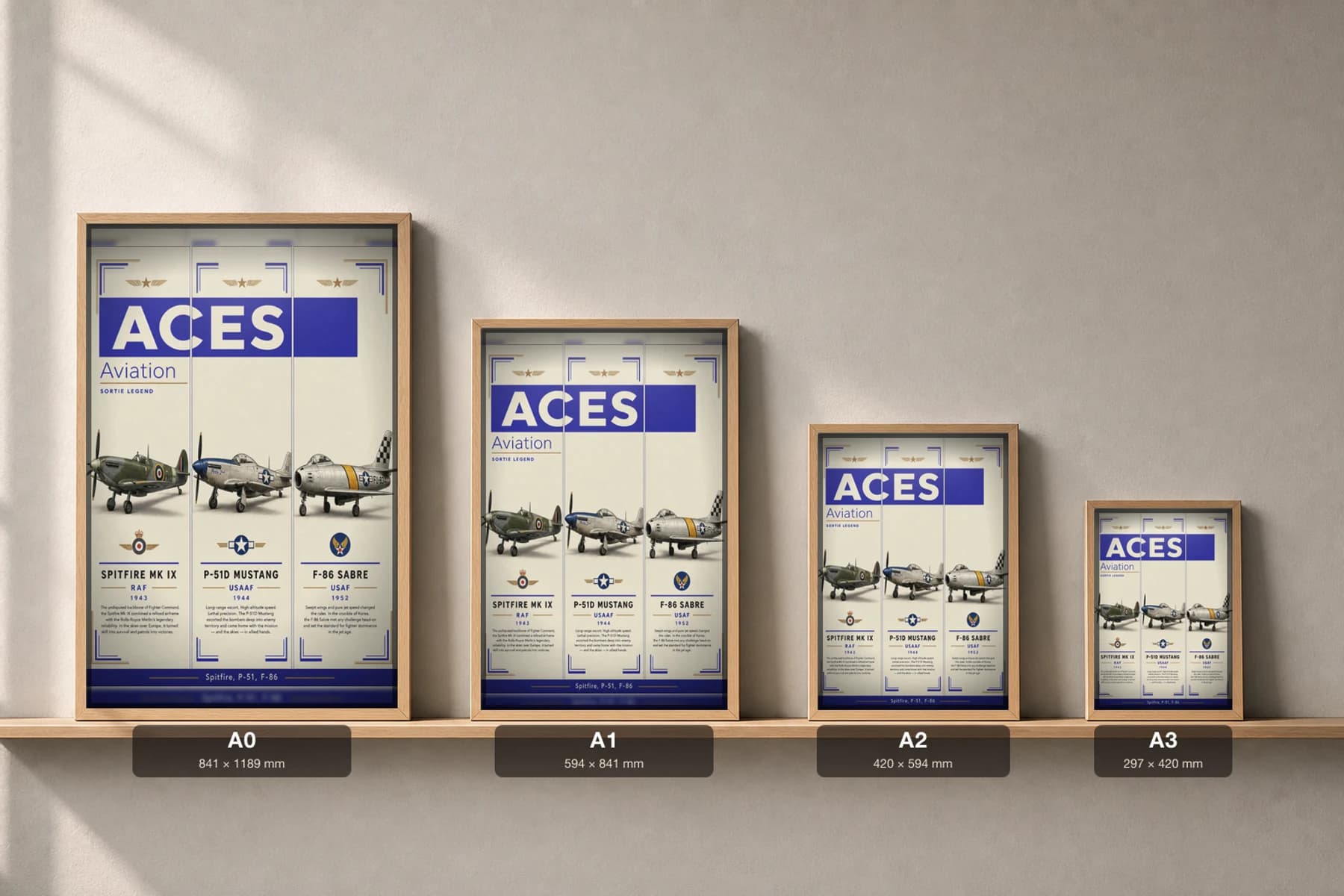 Aviation Aces — Sortie Legend Poster — Royal Air Force · United States Army Air Forces · United States Air Force military aviation wall art · framed A2 · 1943–1952 — print size guide showing the artwork at A0, A1, A2 and A3 in natural-oak frames at true relative scale