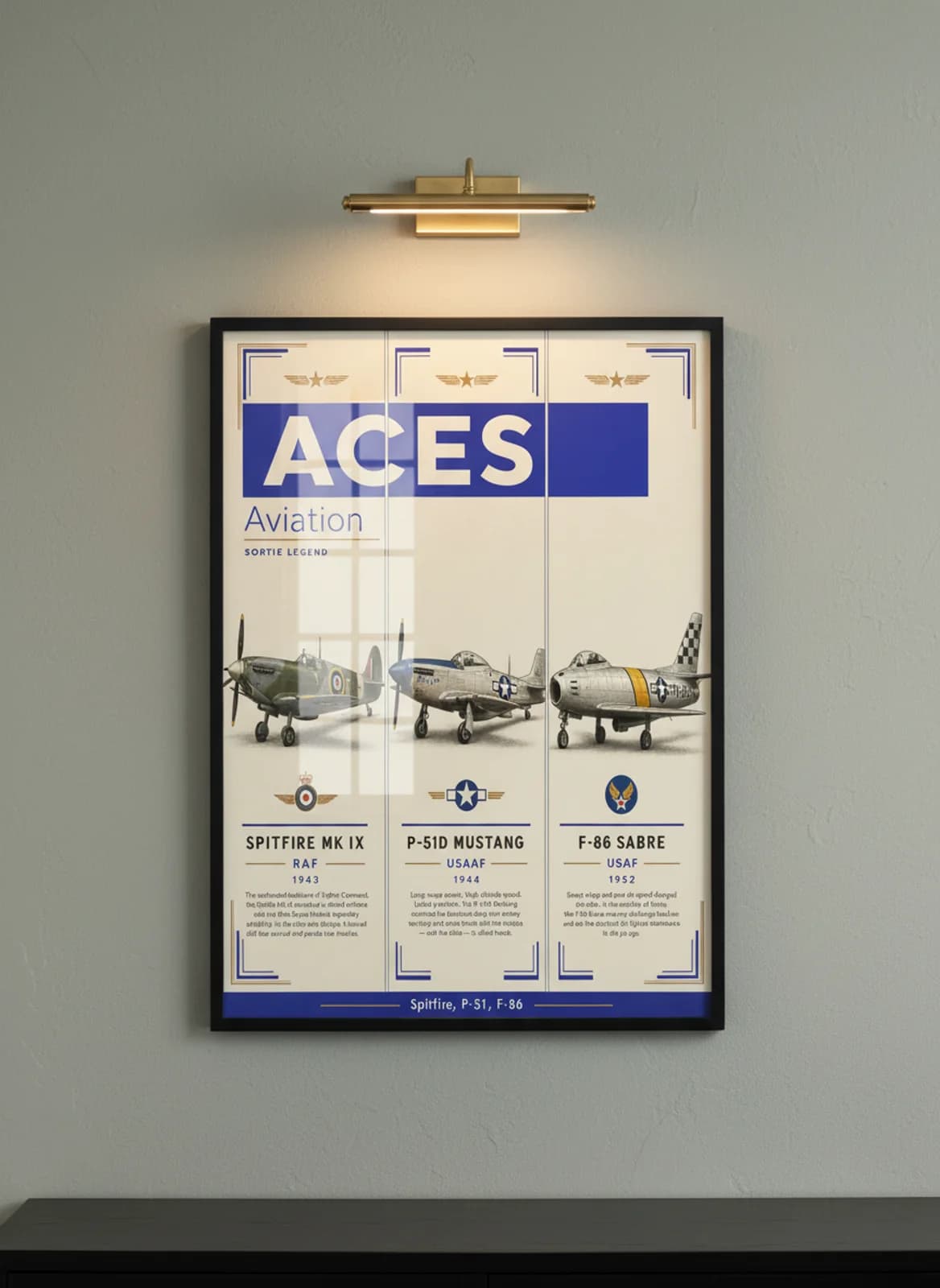 ACES three-panel gallery set in black A2 frame on raf-green-grey lime-wash wall — Gallery Sets mockup
