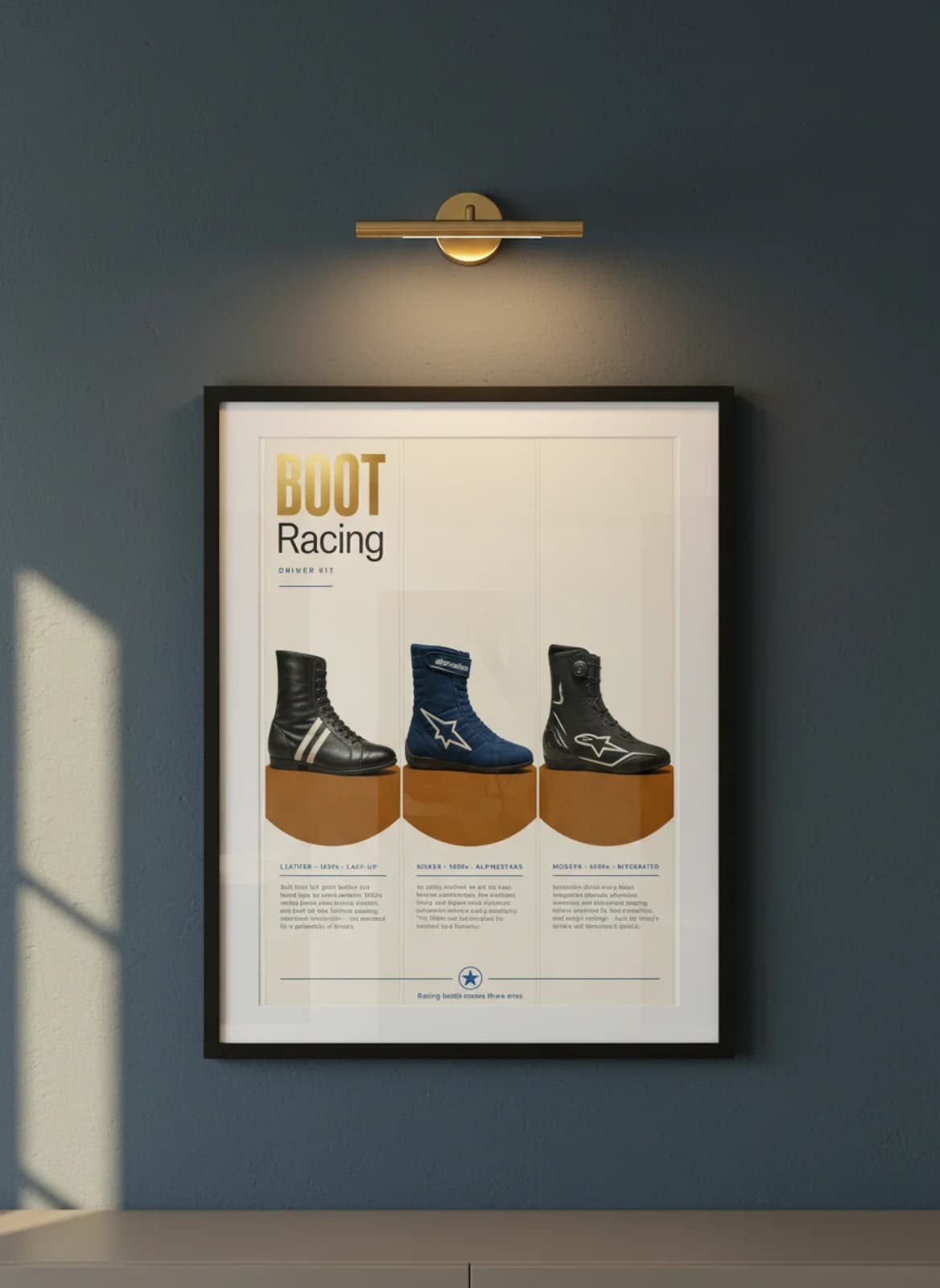 BOOT three-panel gallery set in black A2 frame on alpinestars-blue lime-wash wall — Gallery Sets mockup
