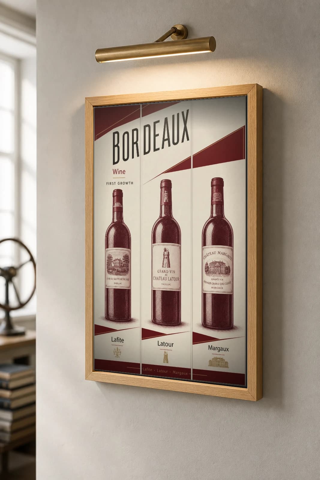 Bordeaux First Growth Wine Set — Lafite, Latour, Margaux Poster — classic car classic car wall art · framed A2 · garage decor — the framed print shown at a three-quarter angle on a styled gallery wall in a natural-oak frame