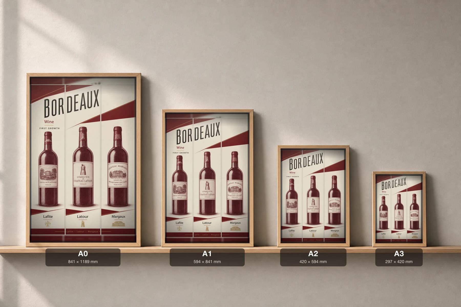 Bordeaux First Growth Wine Set — Lafite, Latour, Margaux Poster — classic car classic car wall art · framed A2 · garage decor — print size guide showing the artwork at A0, A1, A2 and A3 in natural-oak frames at true relative scale