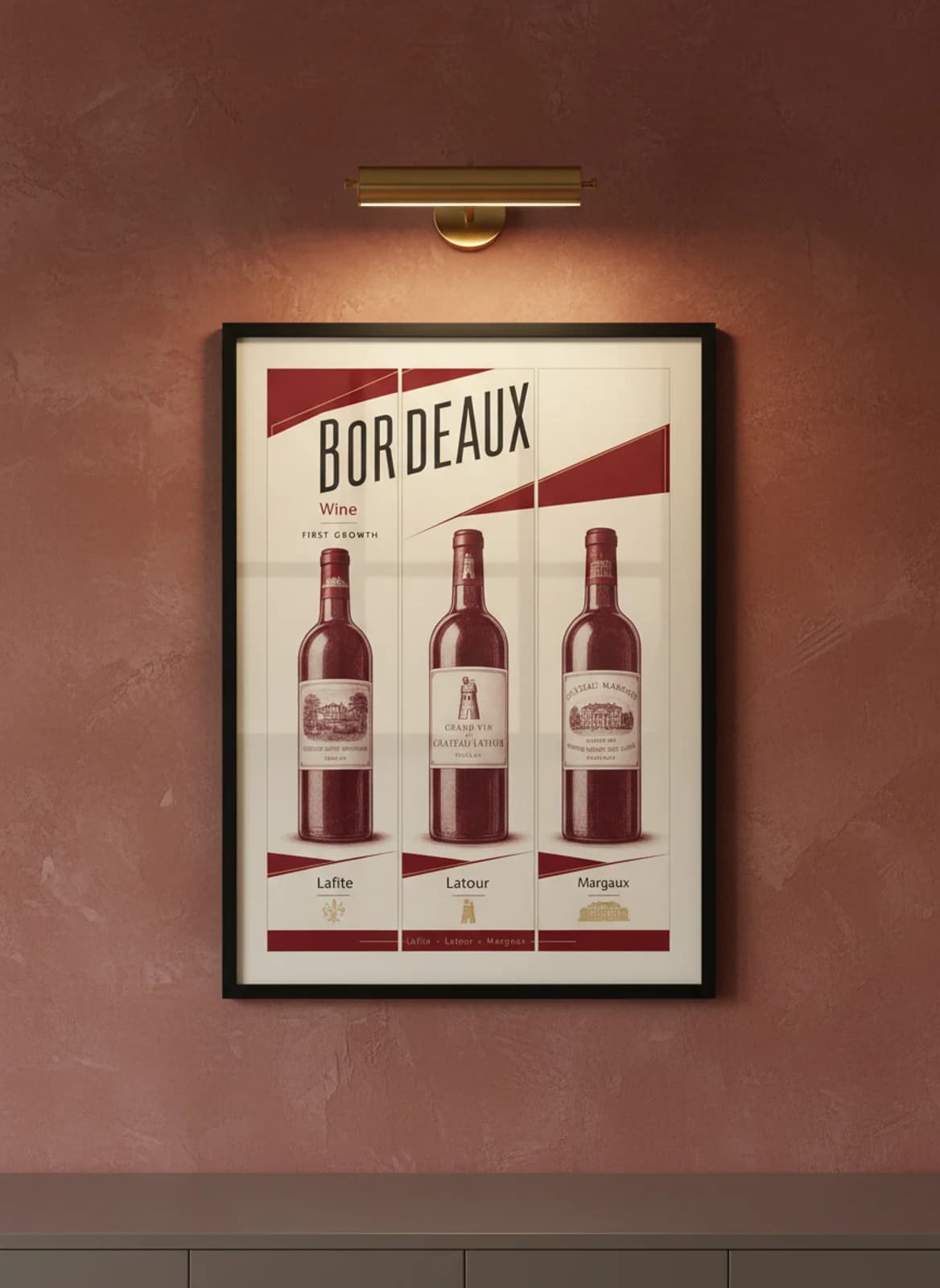 BORDEAUX three-panel gallery set in black A2 frame on bordeaux-red lime-wash wall — Gallery Sets mockup