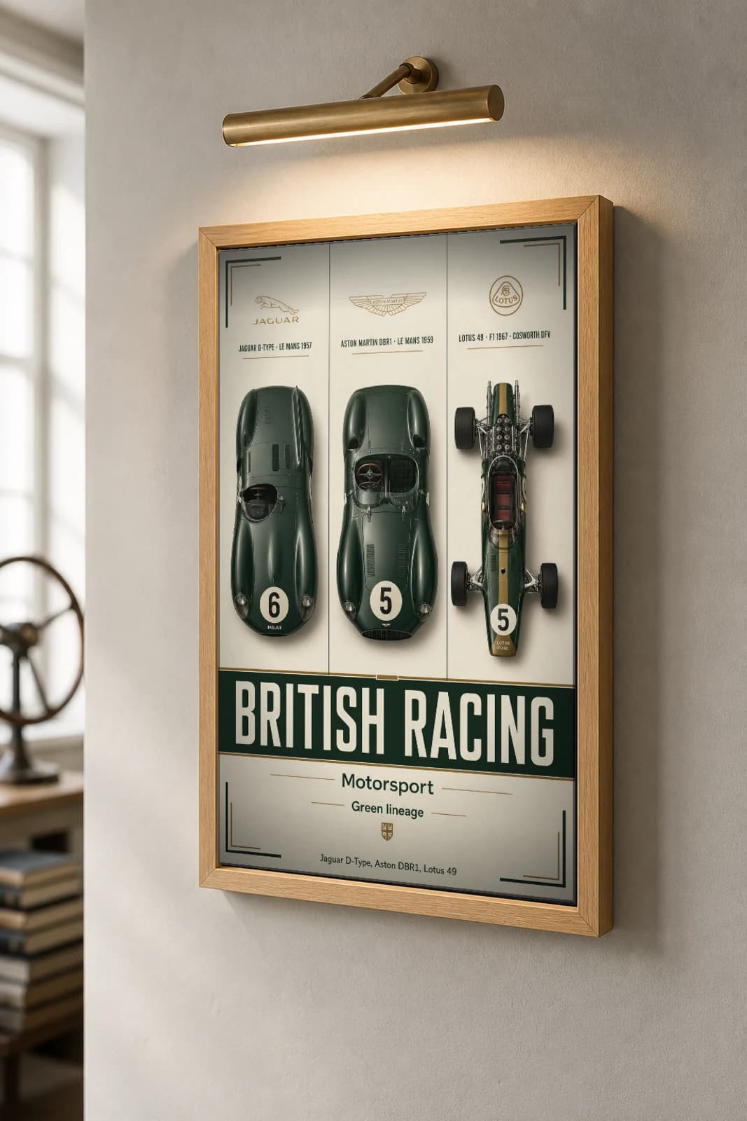 Jaguar · Aston Martin · Team Lotus D-Type · DBR1 · Lotus 49 Poster — Sportscar prototype · endurance racer · Formula One WEC racing wall art · #6 · 5 · 5 · framed A2 — the framed print shown at a three-quarter angle on a styled gallery wall in a natural-oak frame