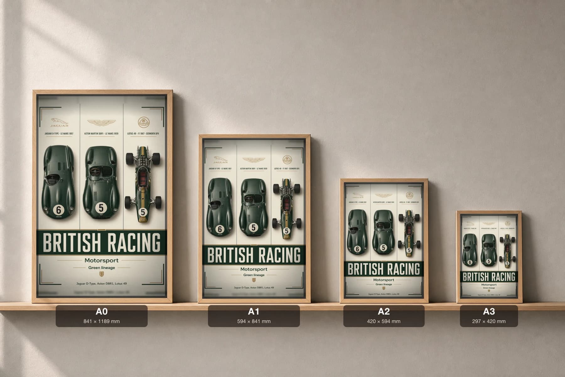 Jaguar · Aston Martin · Team Lotus D-Type · DBR1 · Lotus 49 Poster — Sportscar prototype · endurance racer · Formula One WEC racing wall art · #6 · 5 · 5 · framed A2 — print size guide showing the artwork at A0, A1, A2 and A3 in natural-oak frames at true relative scale