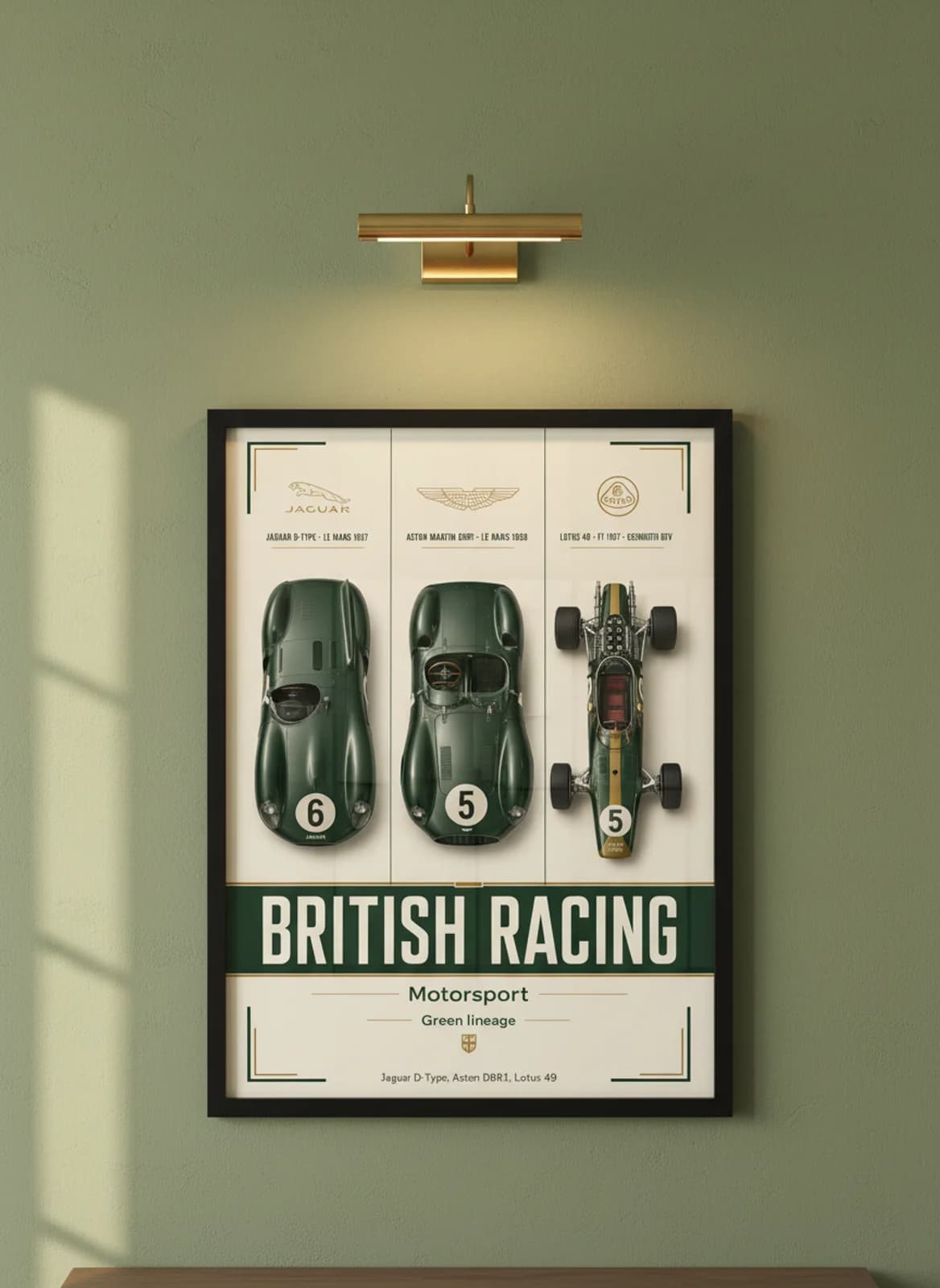 British Racing three-panel gallery set in black A2 frame on british-racing-green lime-wash wall — Gallery Sets mockup