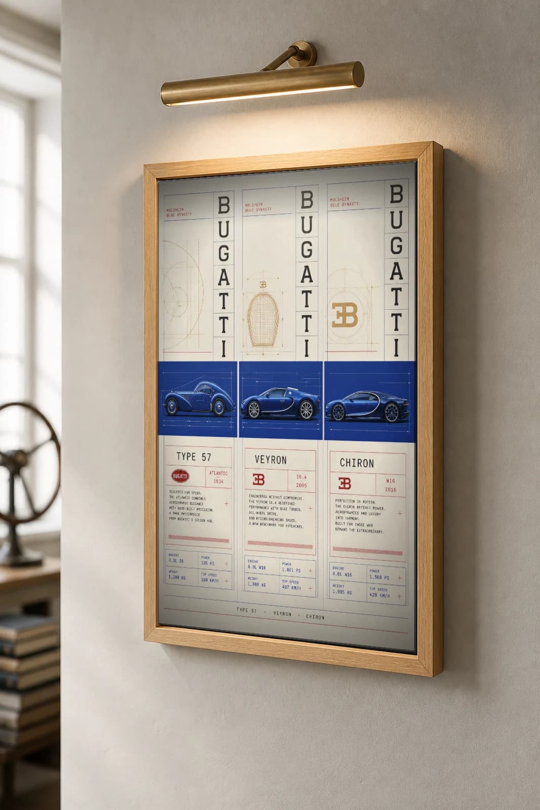 Bugatti Type 57 Atlantic · Veyron 16.4 · Chiron Poster — Grand tourer · hypercar WEC racing wall art · #— · framed A2 — the framed print shown at a three-quarter angle on a styled gallery wall in a natural-oak frame