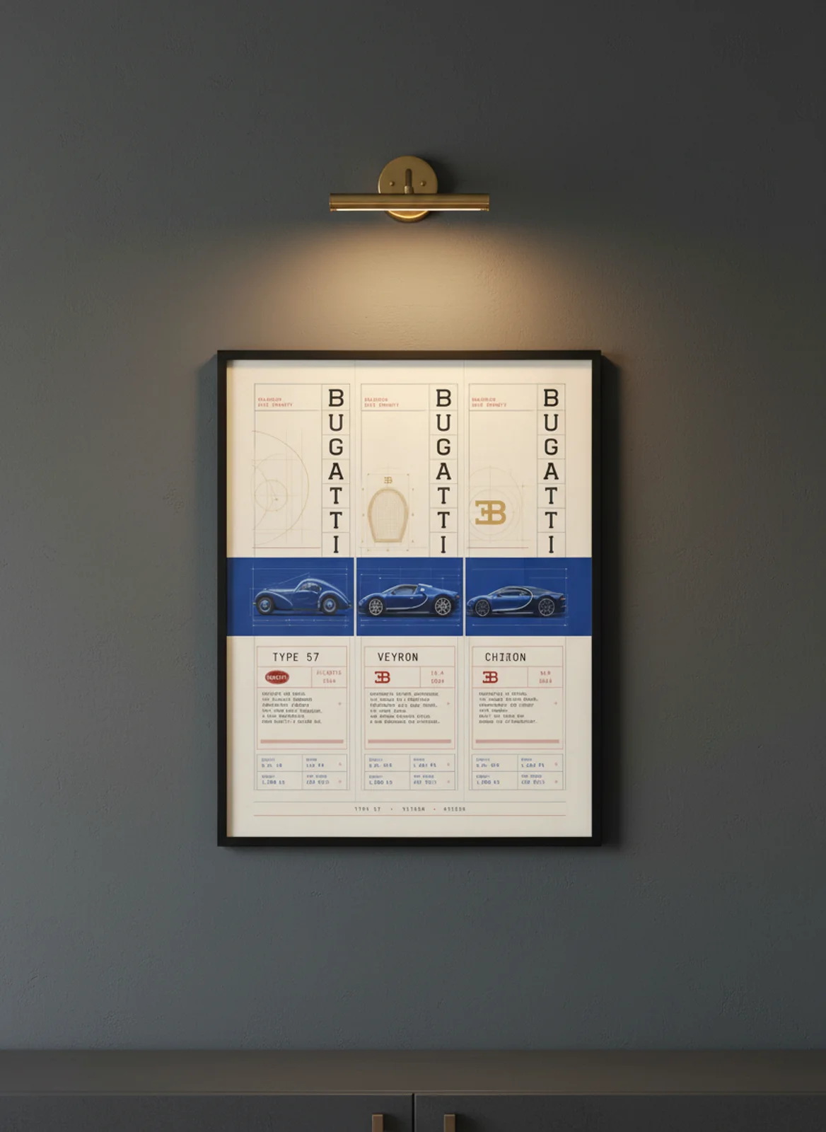 Bugatti Legends three-panel gallery set in black A2 frame on molsheim-blue lime-wash wall — Gallery Sets mockup