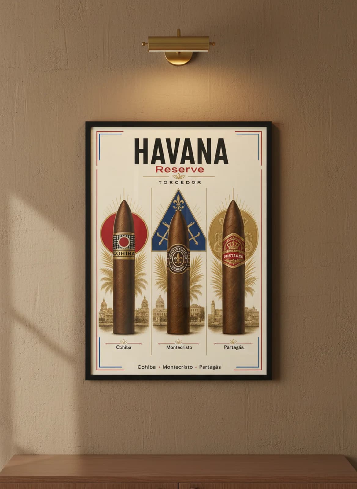 HAVANA three-panel gallery set in black A2 frame on tobacco-brown lime-wash wall — Gallery Sets mockup