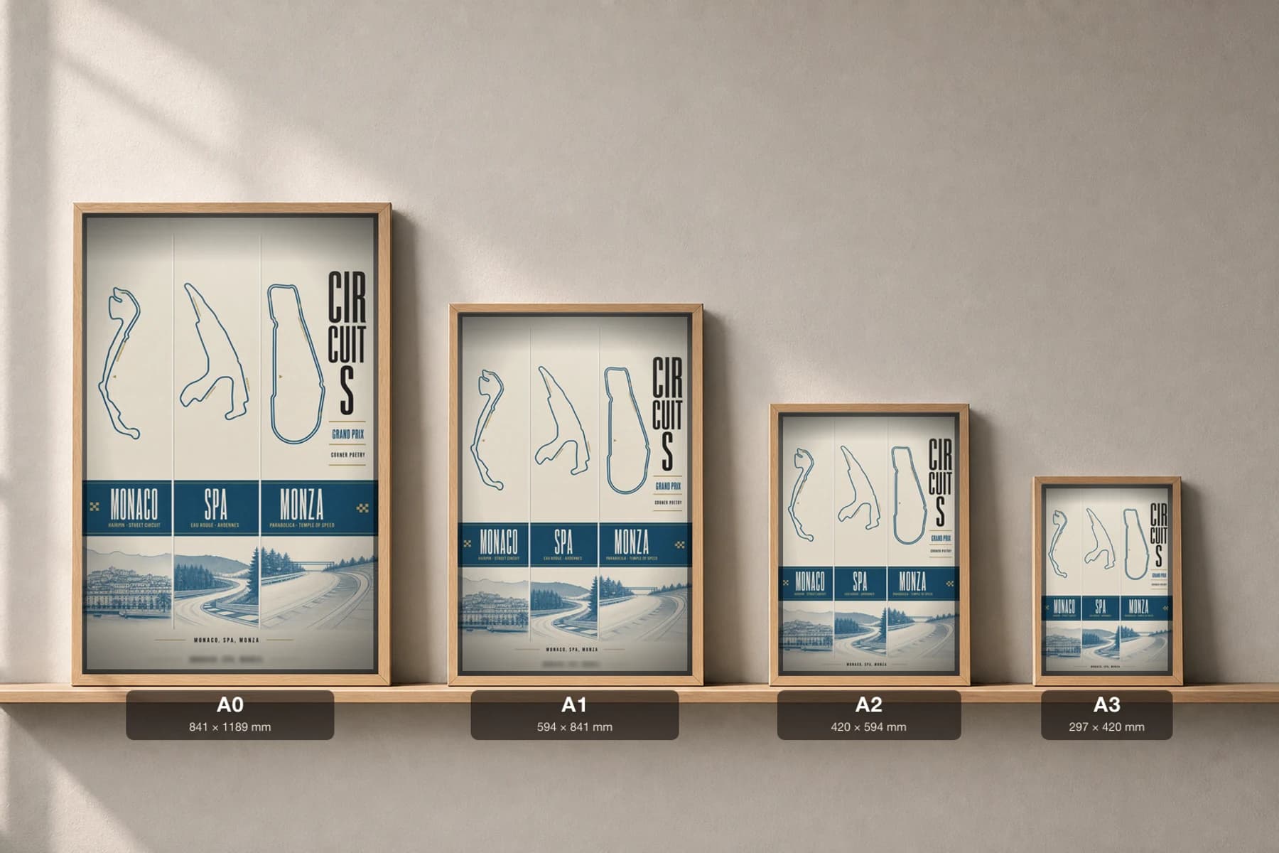 Classic Circuits — Monaco, Spa, Monza Poster — Monaco · Belgium · Italy circuit map wall art · Formula 1 track layout · framed A2 — print size guide showing the artwork at A0, A1, A2 and A3 in natural-oak frames at true relative scale