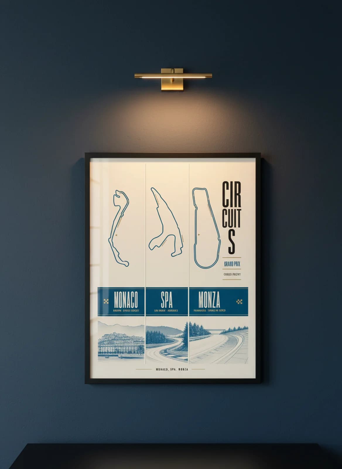 CIRCUITS three-panel gallery set in black A2 frame on navy-blue lime-wash wall — Gallery Sets mockup