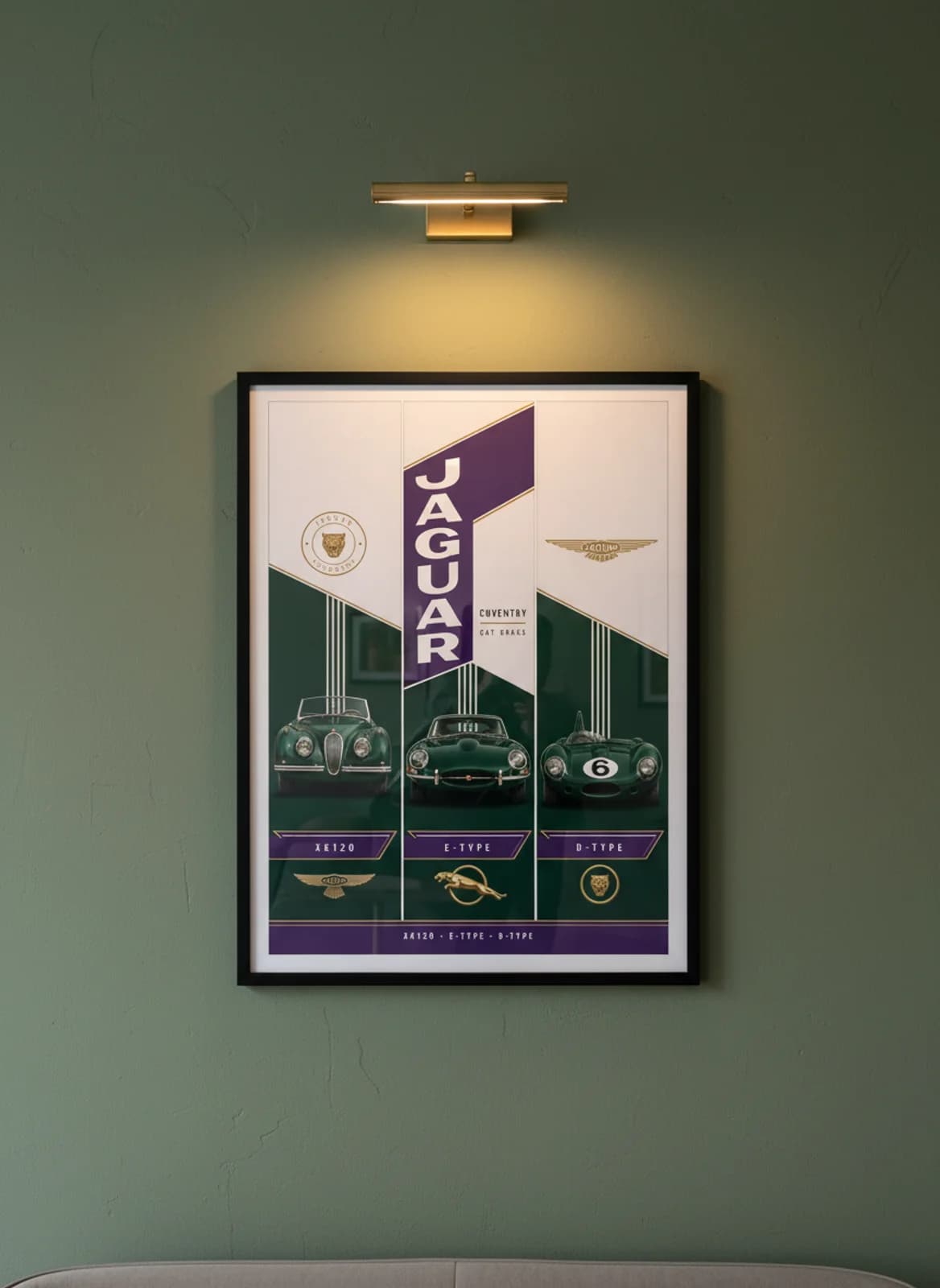 Classic Jaguar three-panel gallery set in black A2 frame on british-racing-green lime-wash wall — Gallery Sets mockup